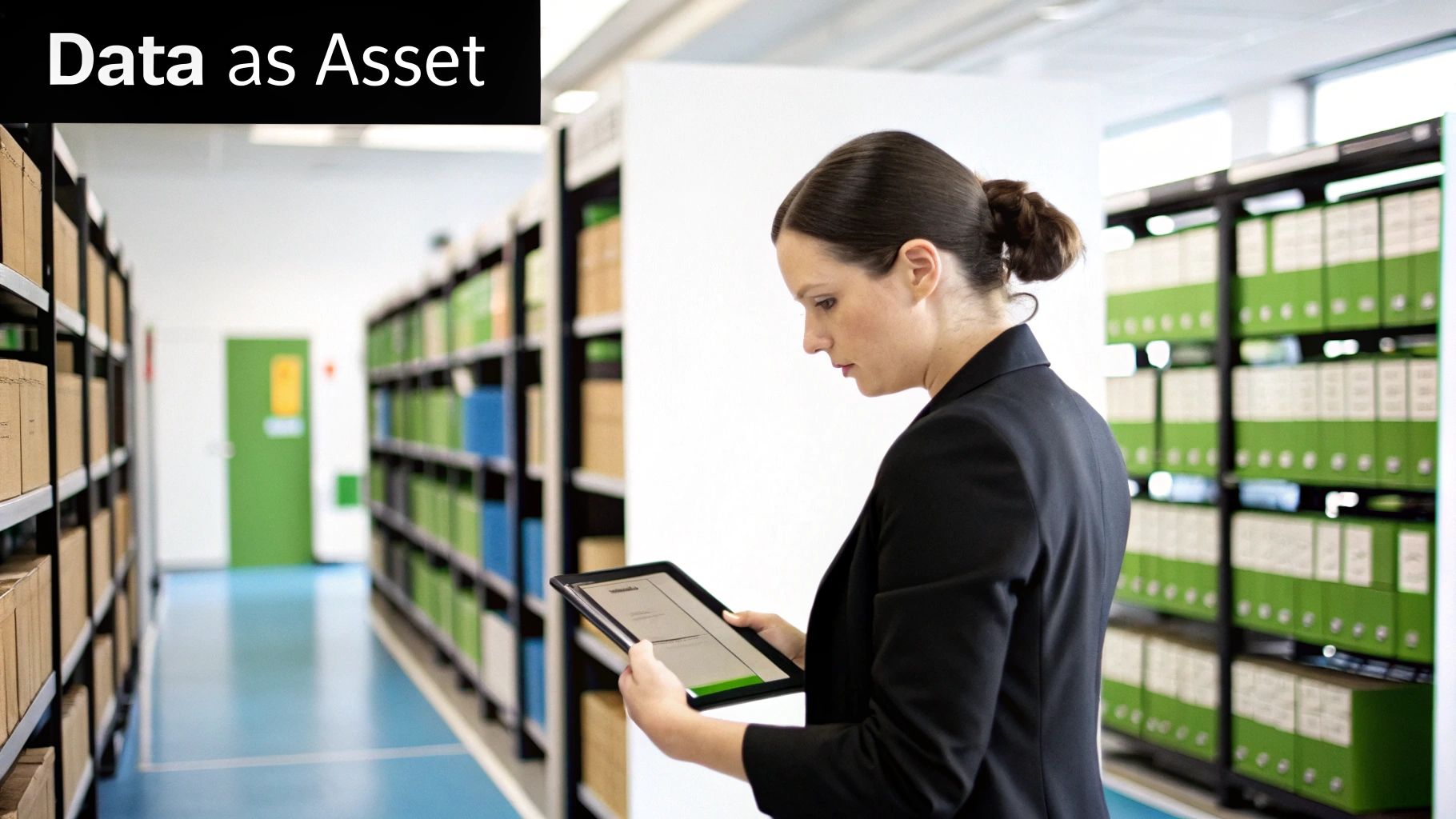 Professional woman with a tablet in a data archive, emphasizing "Data as Asset".