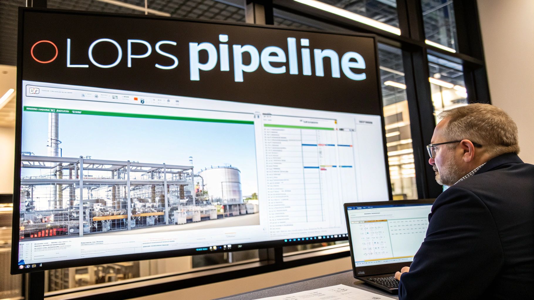 Engineer using OPS pipeline software on large monitor displaying industrial facility 3D model and data