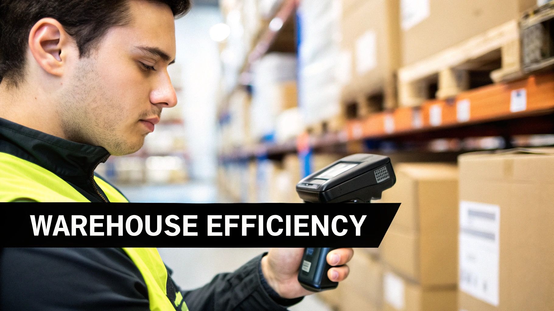 Warehouse worker using handheld barcode scanner to track inventory in modern distribution center