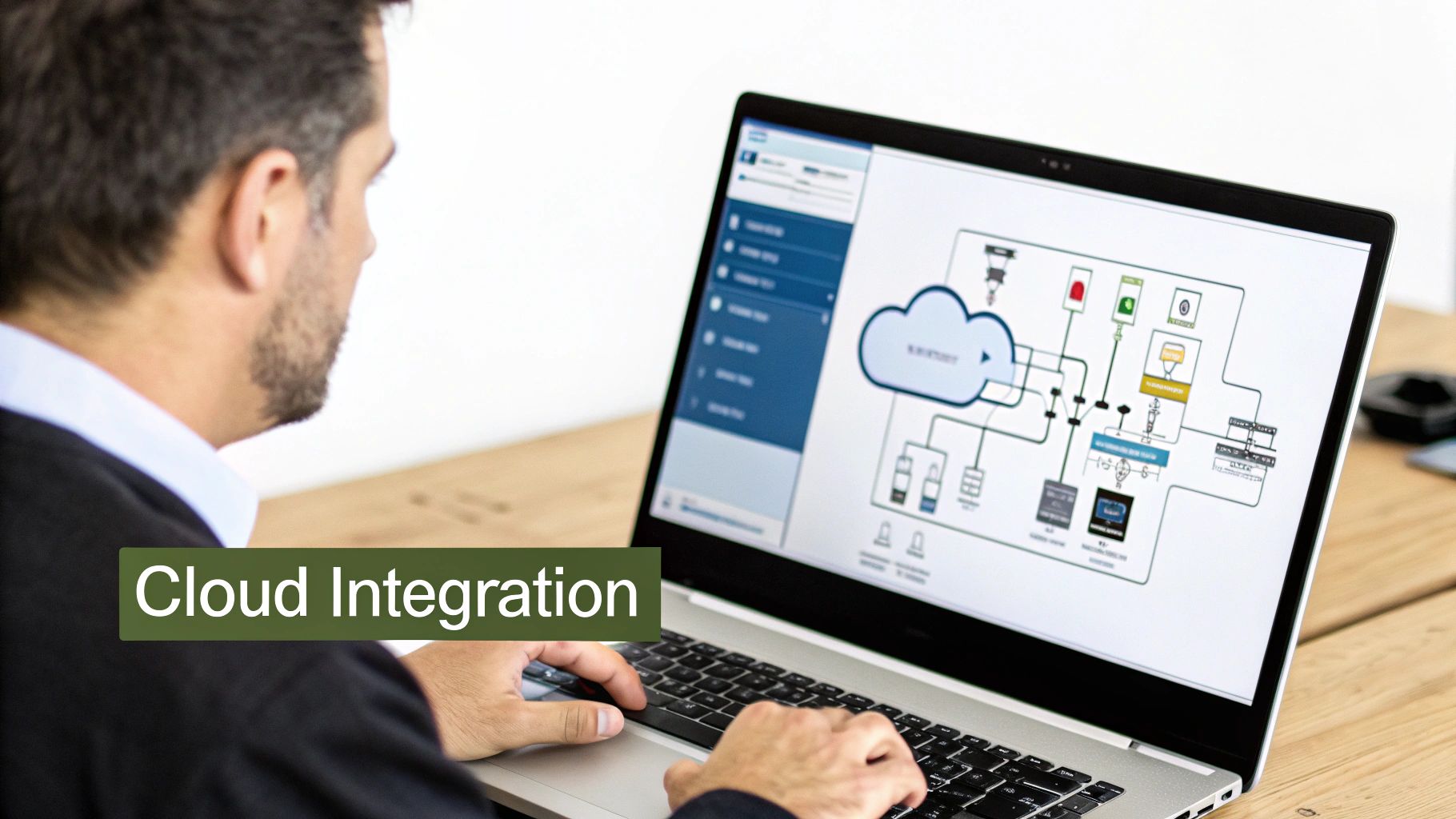A man views a laptop screen displaying a complex cloud integration and data flow diagram.