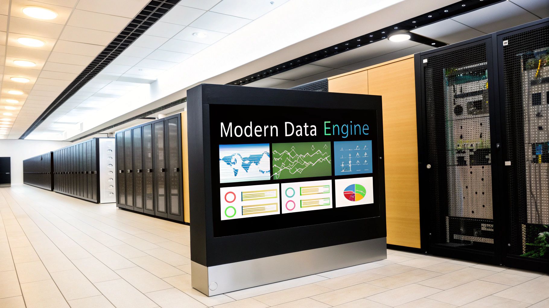 A conceptual image of a modern, cloud-based data architecture with interconnected nodes representing different data sources.