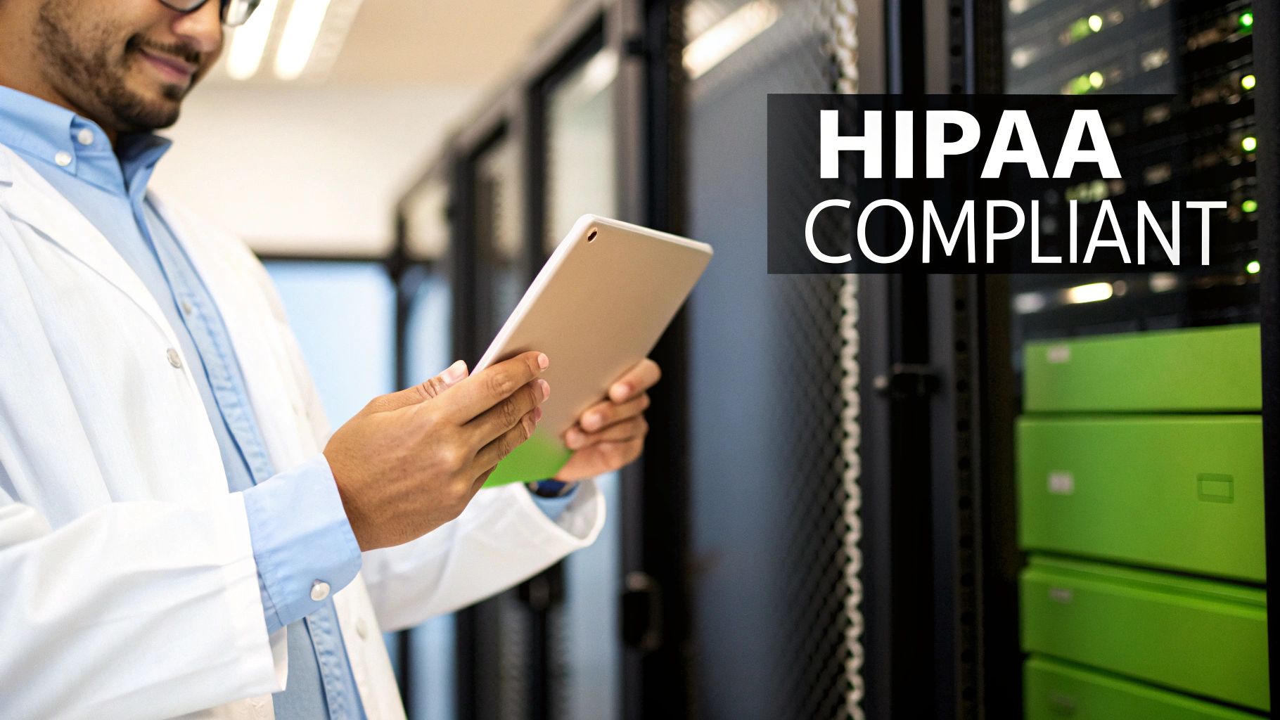 A healthcare professional uses a tablet in a HIPAA compliant data center with server racks.