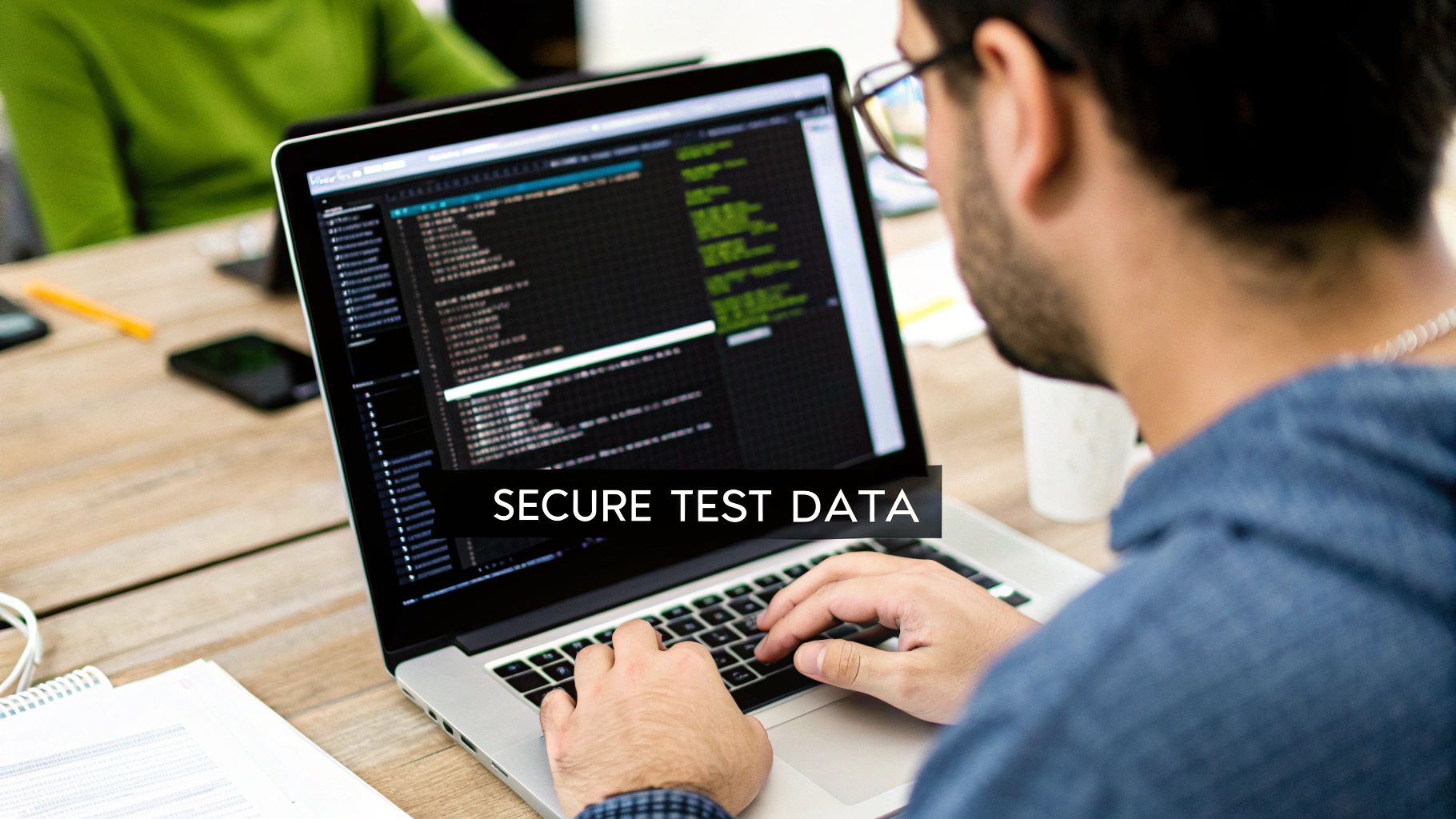A person types on a laptop displaying code, emphasizing secure test data management.