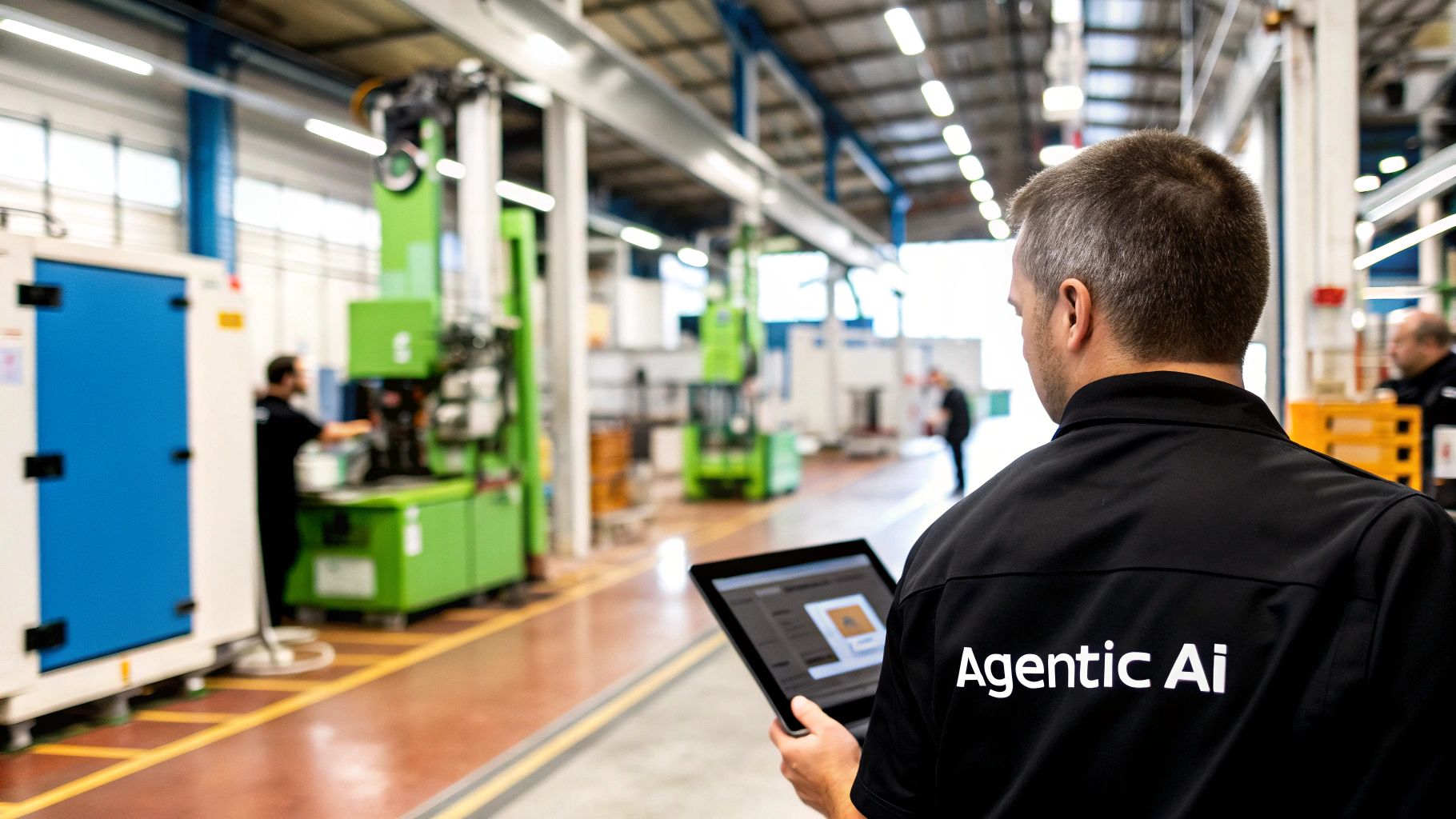 A man in a factory, wearing an 'Agentic Ai' jacket, holds a tablet, overlooking production machinery.
