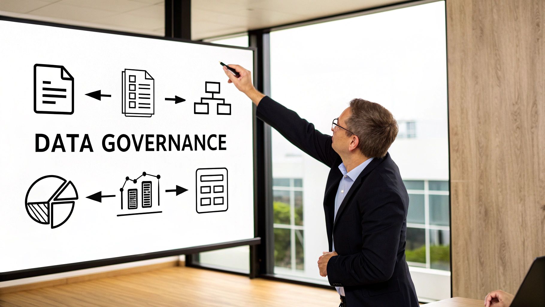 Business professional presenting data governance framework diagram with document workflows and analytics visualizations on whiteboard