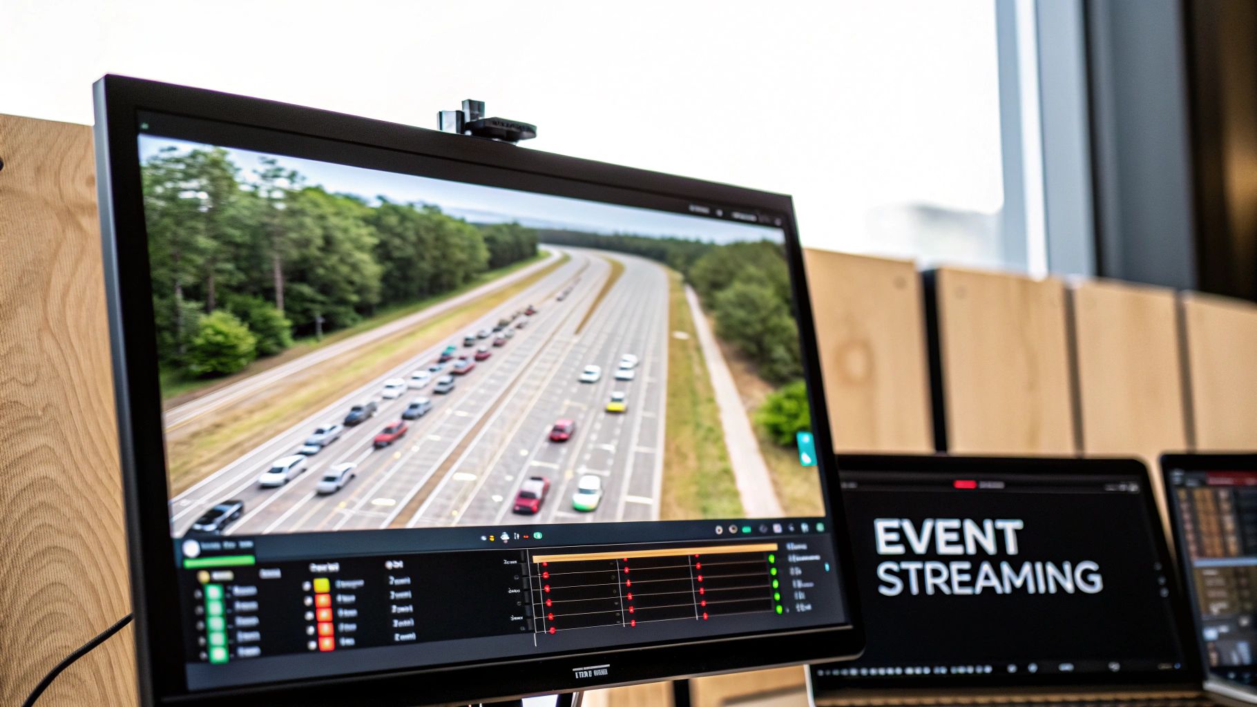 A monitor displays live traffic on a highway with data overlays, next to a laptop showing 'EVENT STREAMING'.