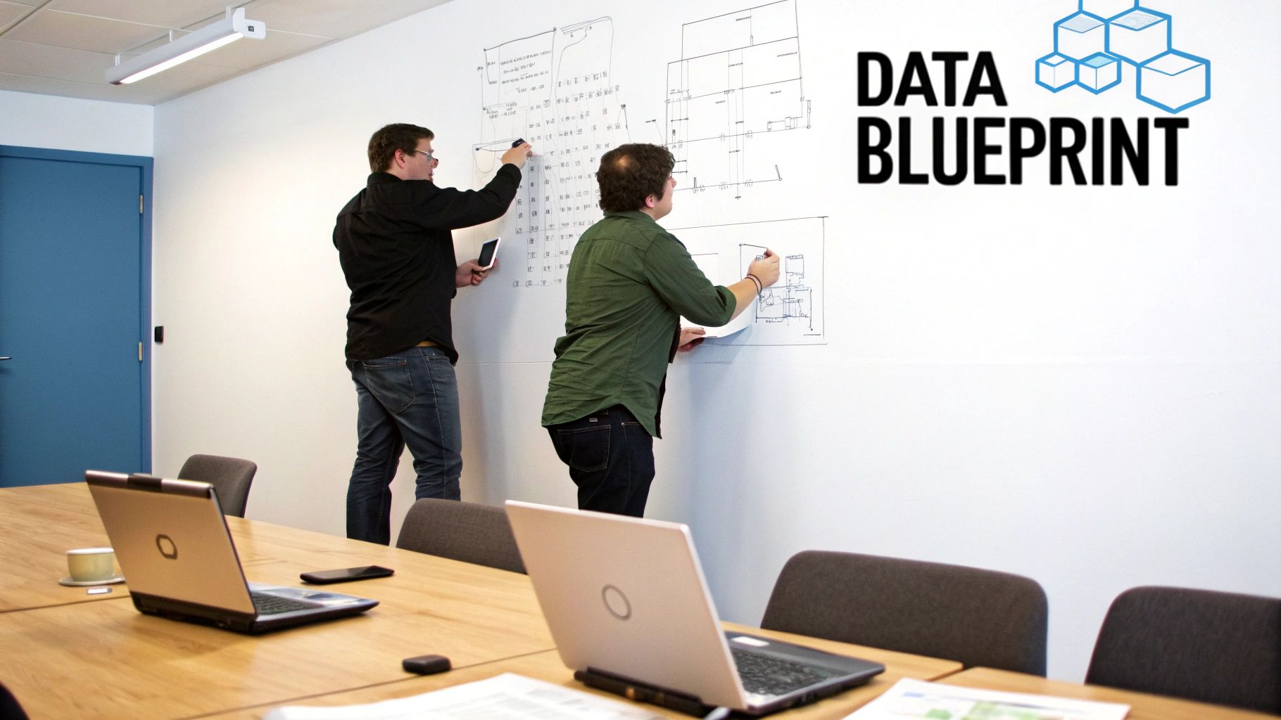 Two men sketch data blueprints on a large whiteboard in a modern office meeting room.