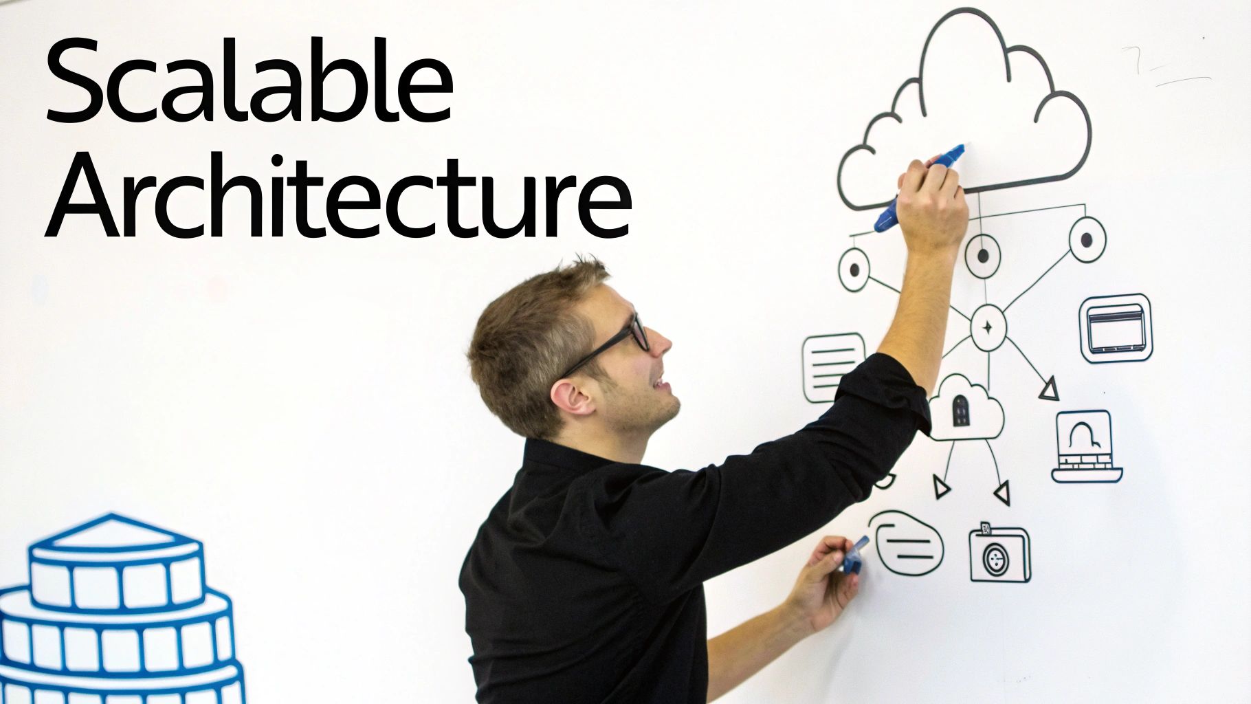 Man drawing a scalable cloud architecture diagram on a whiteboard with various service icons.