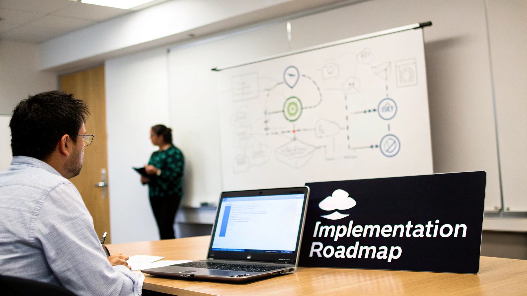 Man at a desk with laptop and 'Implementation Roadmap' sign, watching a woman present on a whiteboard.