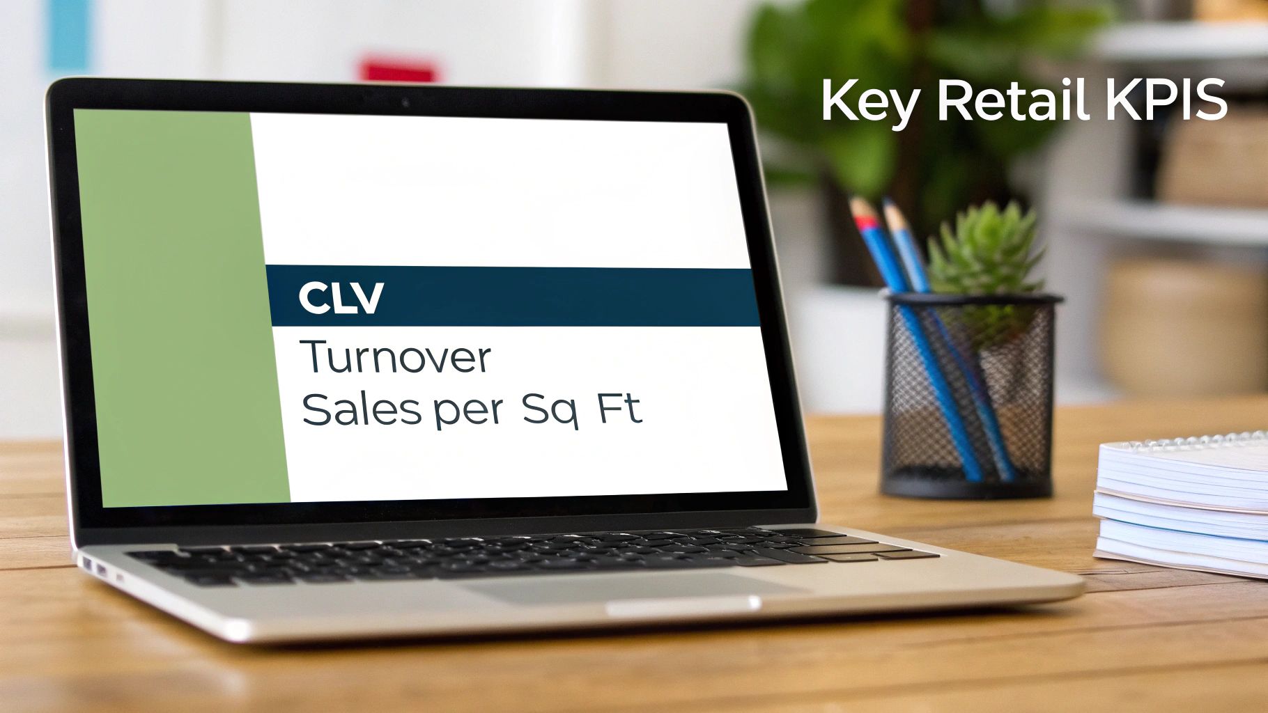 A laptop displays key retail KPIs like CLV, turnover, and sales per square foot on a wooden desk.
