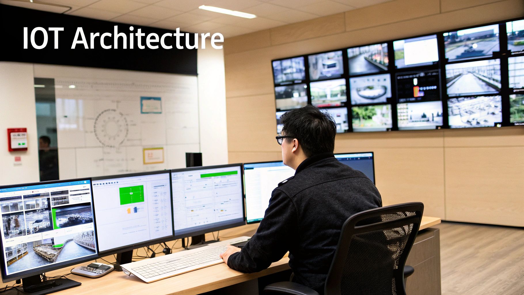 A person monitors multiple screens displaying IoT architecture, data, and surveillance feeds in a modern control room.