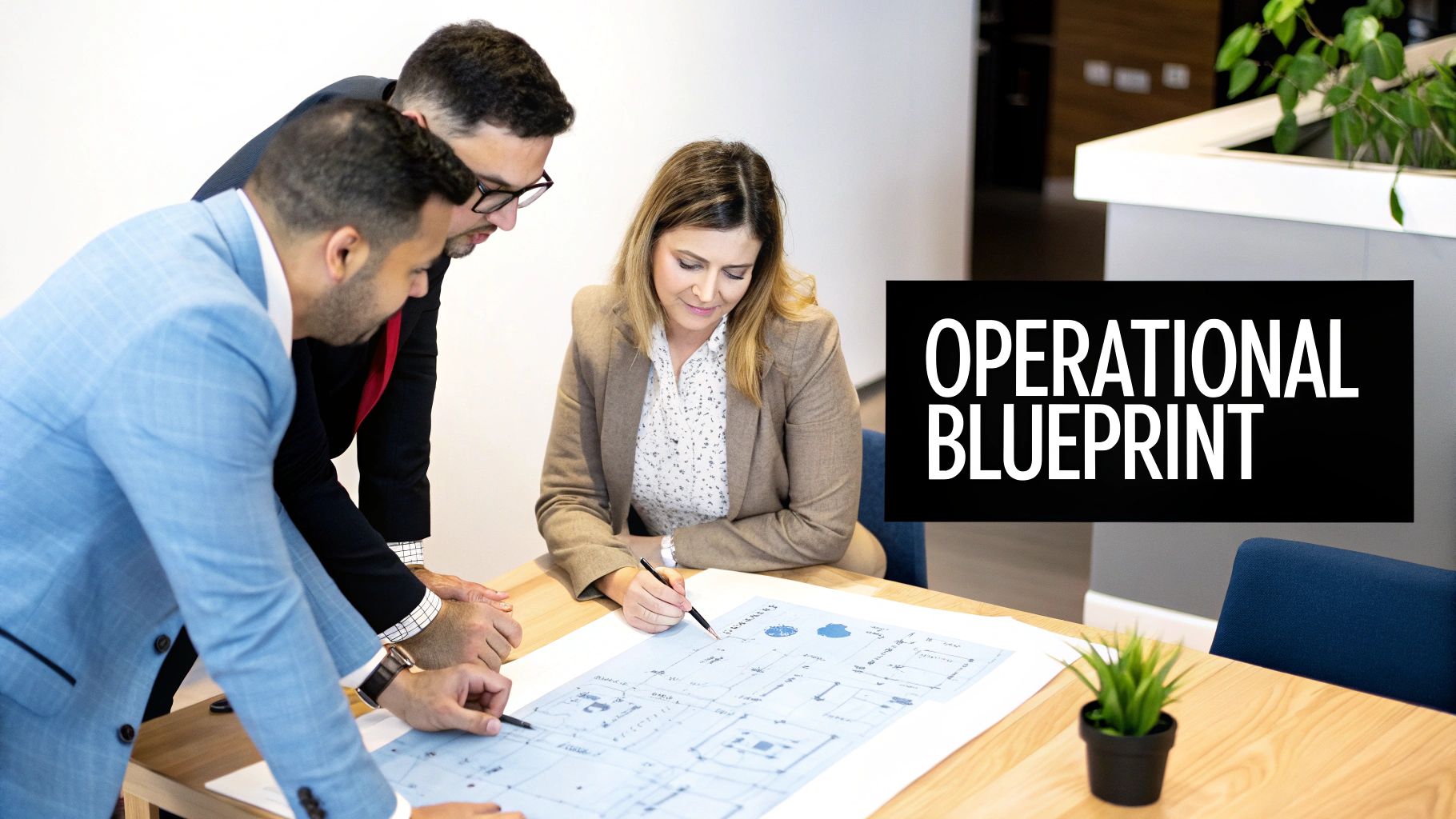 Three business professionals review a blueprint, planning strategies for operational efficiency at a desk.