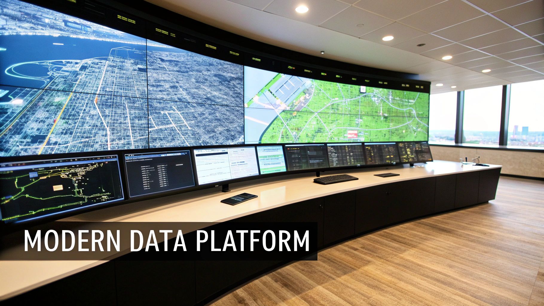 A modern control room with large curved screens displaying maps and data visualizations on a spacious desk.