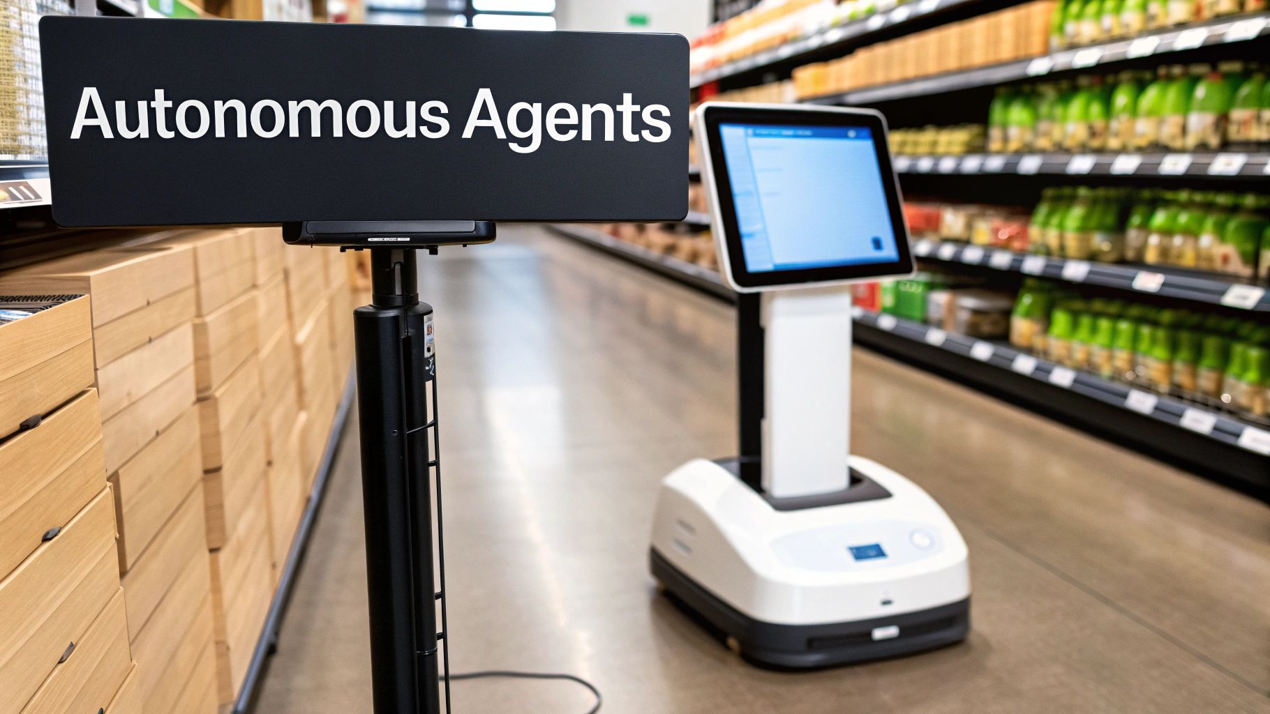 A retail store aisle features a sign for 'Autonomous Agents' next to a white service robot.