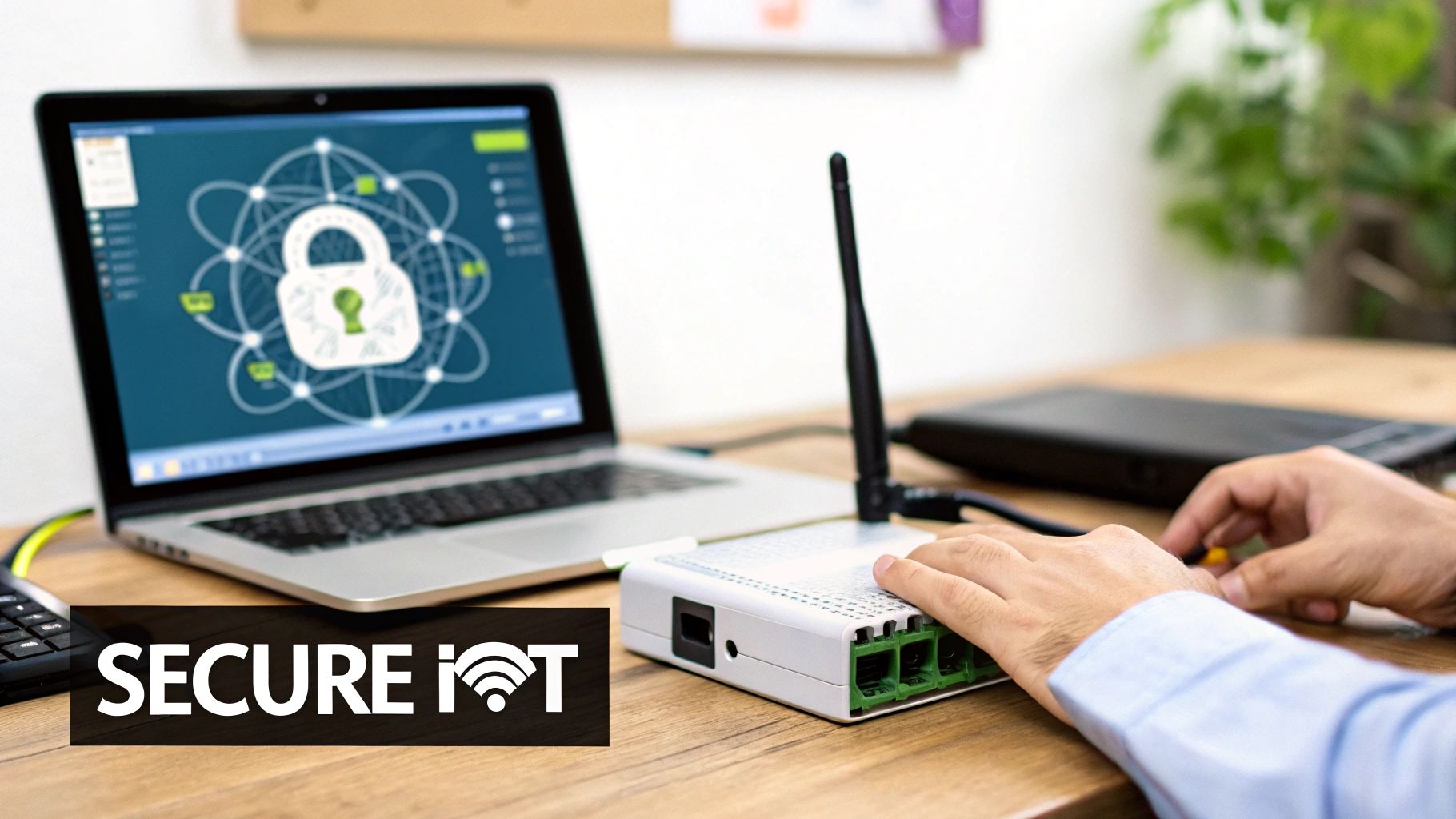 A stylized padlock graphic overlaid on a network diagram, symbolizing security across the entire IoT ecosystem.