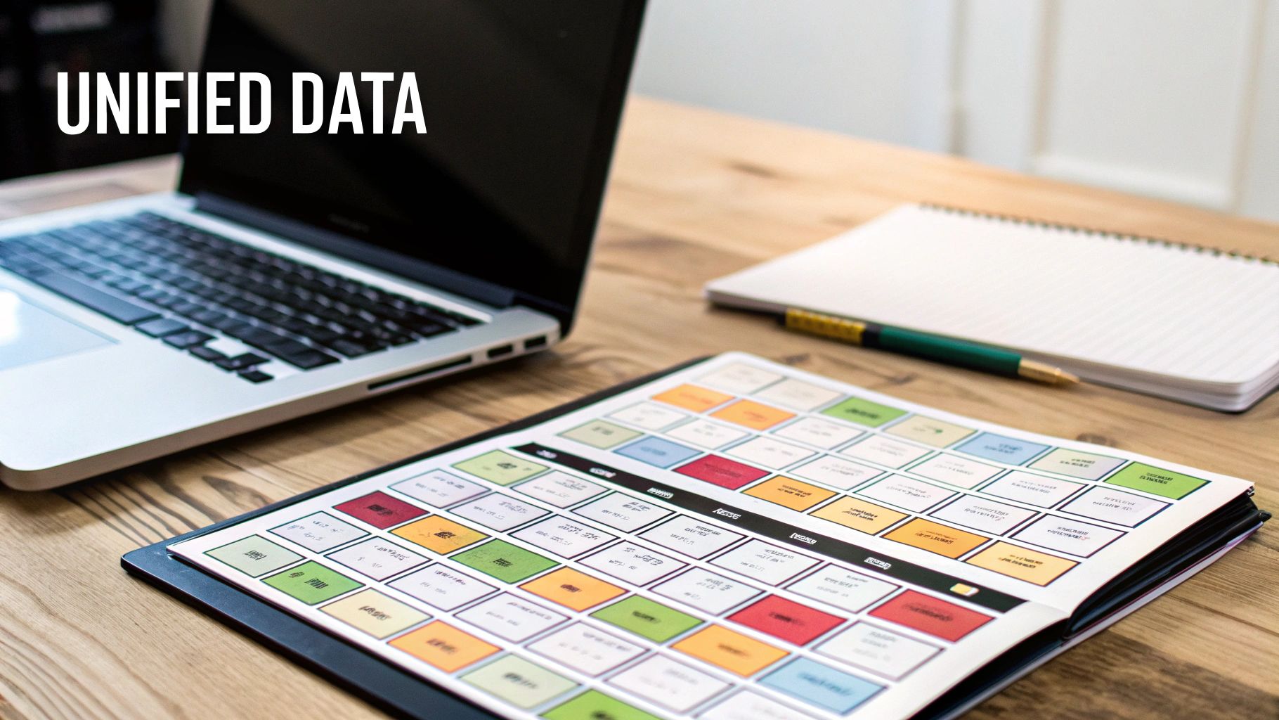 A laptop, notebook, and a binder with a colorful data grid on a wooden desk, labeled 'UNIFIED DATA'.