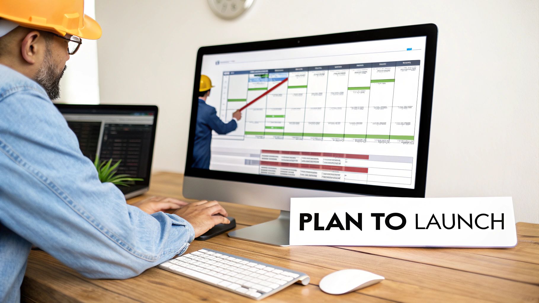 A person in a hard hat plans a software project on a computer, with a 'PLAN TO LAUNCH' sign.