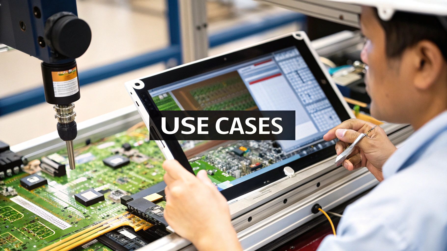Technician using tablet for quality inspection of electronic circuit board with automated vision system