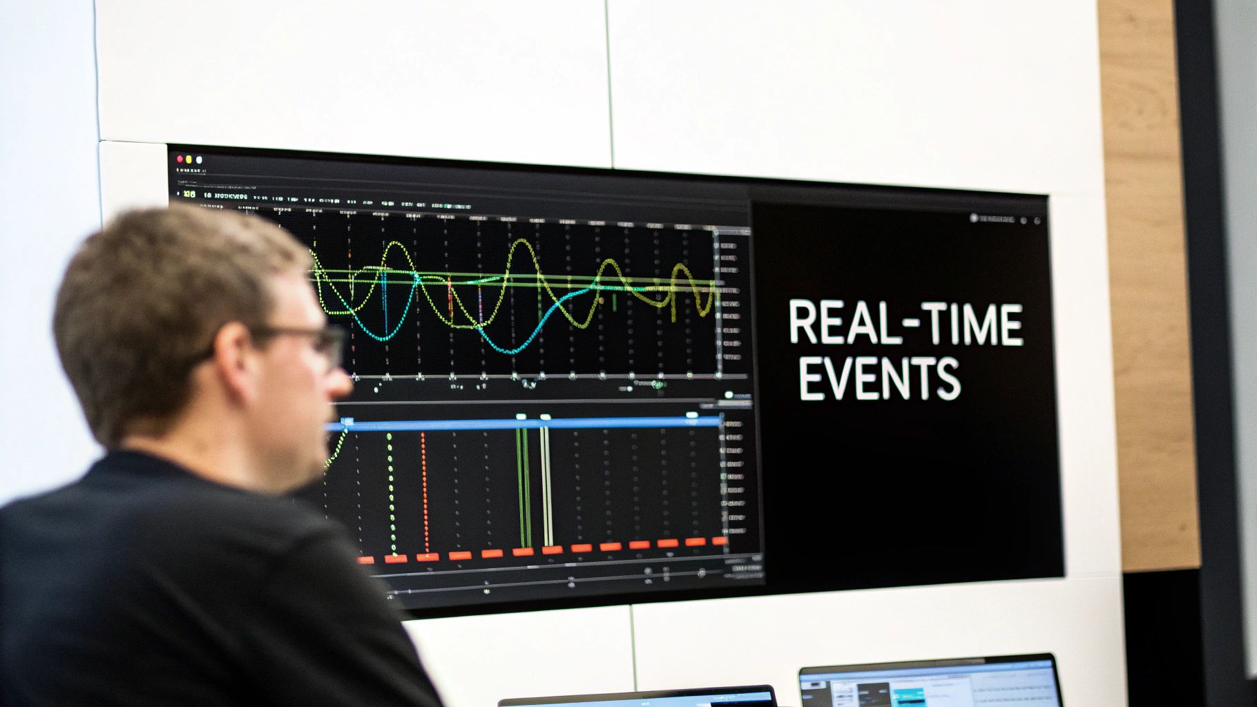 Developer monitoring real-time data events on screen showing colorful waveforms and timeline visualization