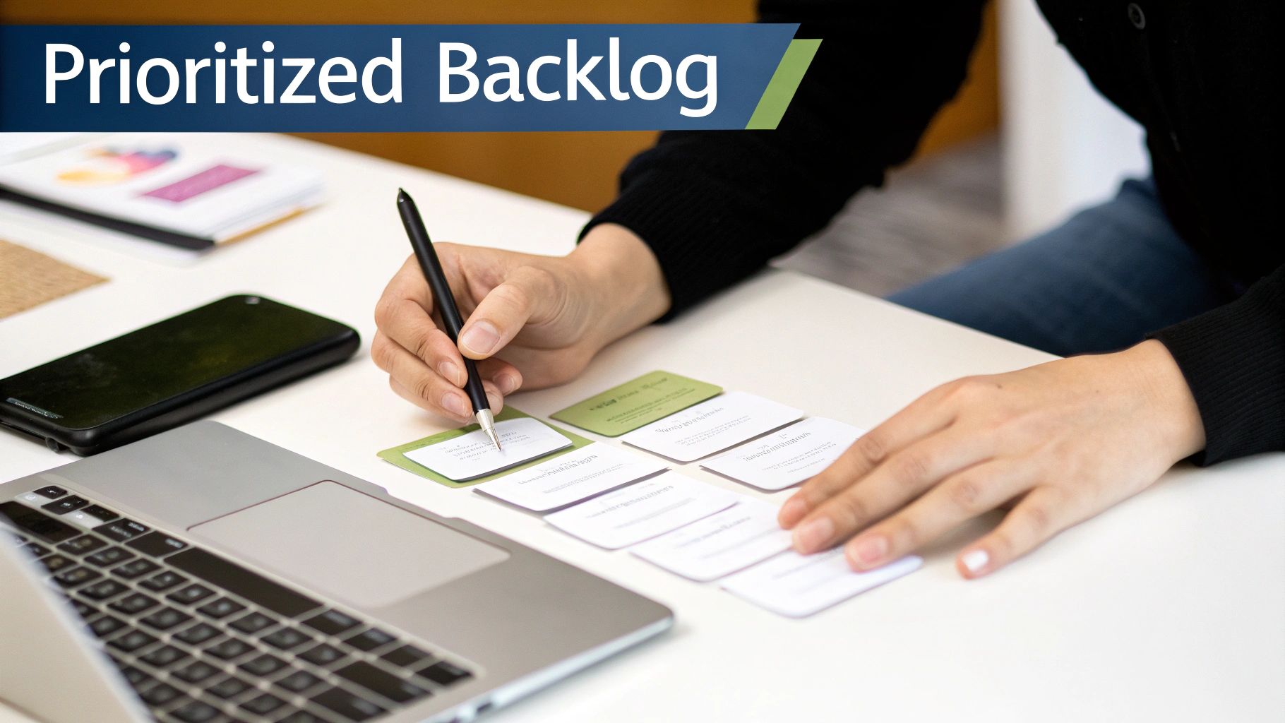 A person's hands writing on small cards on a desk with a laptop, smartphone, and 'Prioritized Backlog' banner.