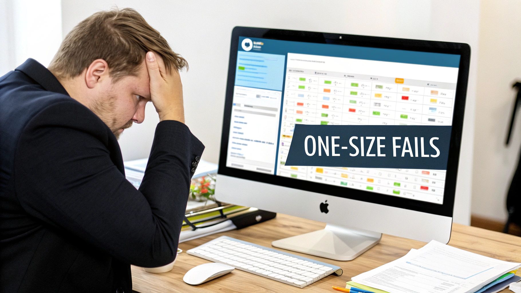 A logistics manager using a tablet to oversee warehouse operations, symbolizing the shift to modern, custom software solutions.