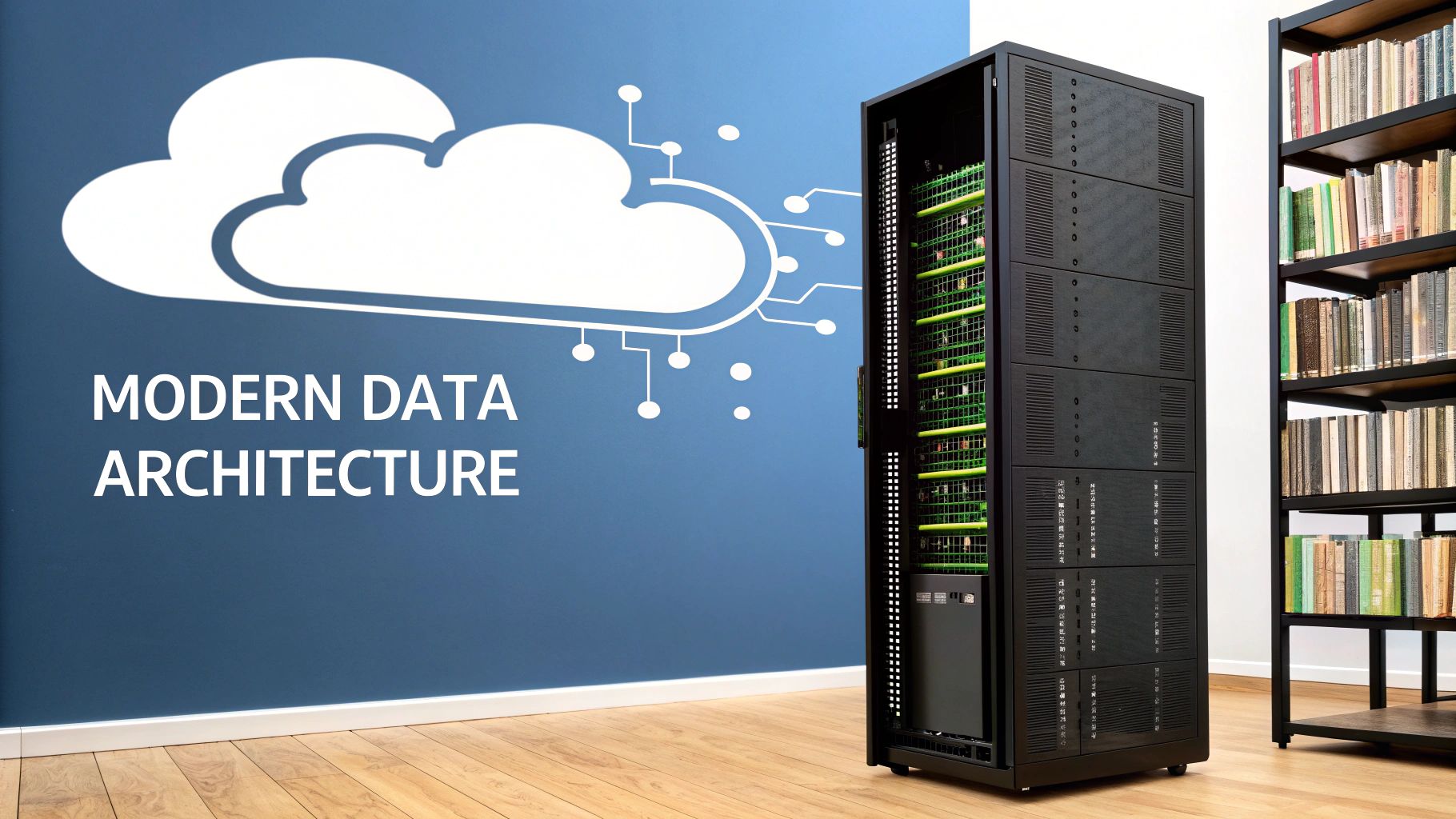 A large black server rack with green components next to a wall with a cloud icon and 'MODERN DATA ARCHITECTURE' text.