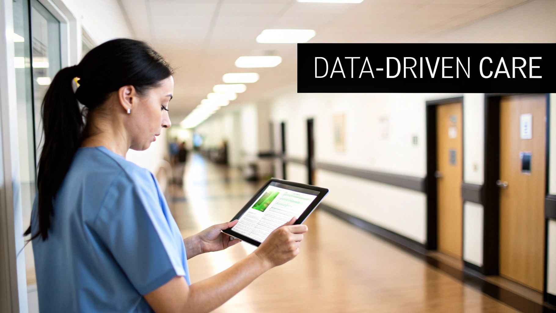A healthcare professional uses a tablet in a hospital hallway, focusing on data-driven care.