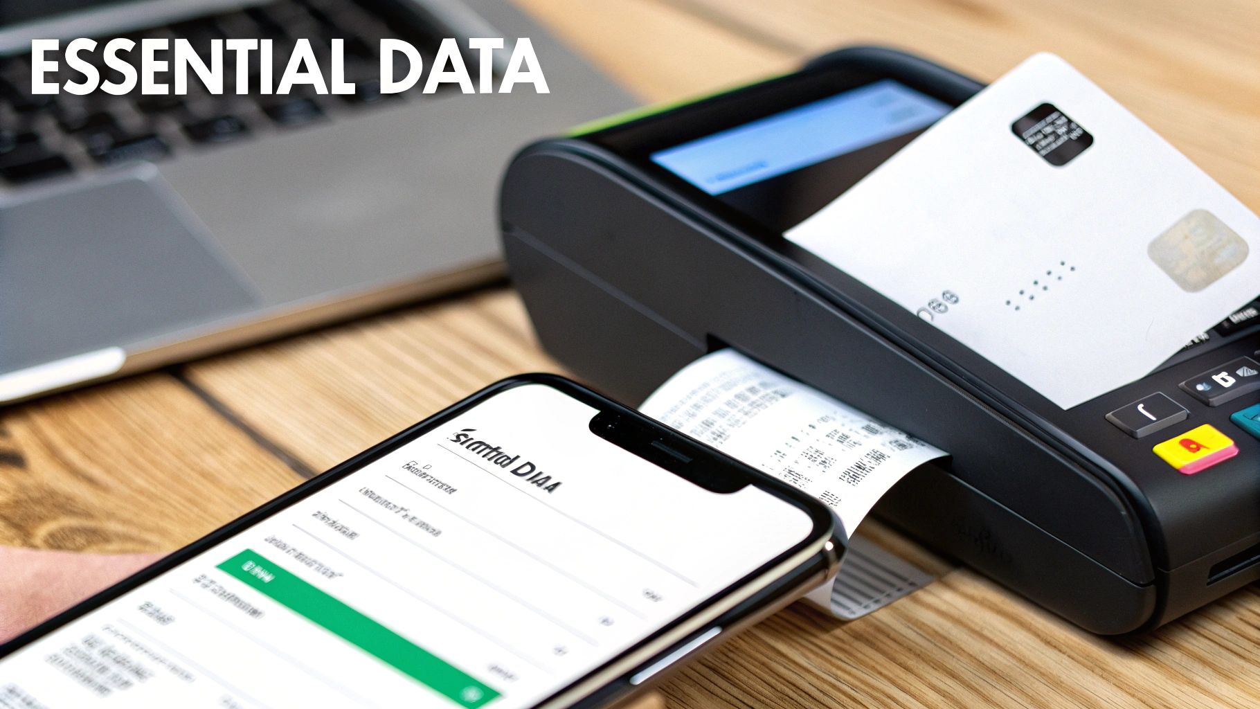 Modern retail transactions with a credit card reader, a printed receipt, and a smartphone showing digital data.