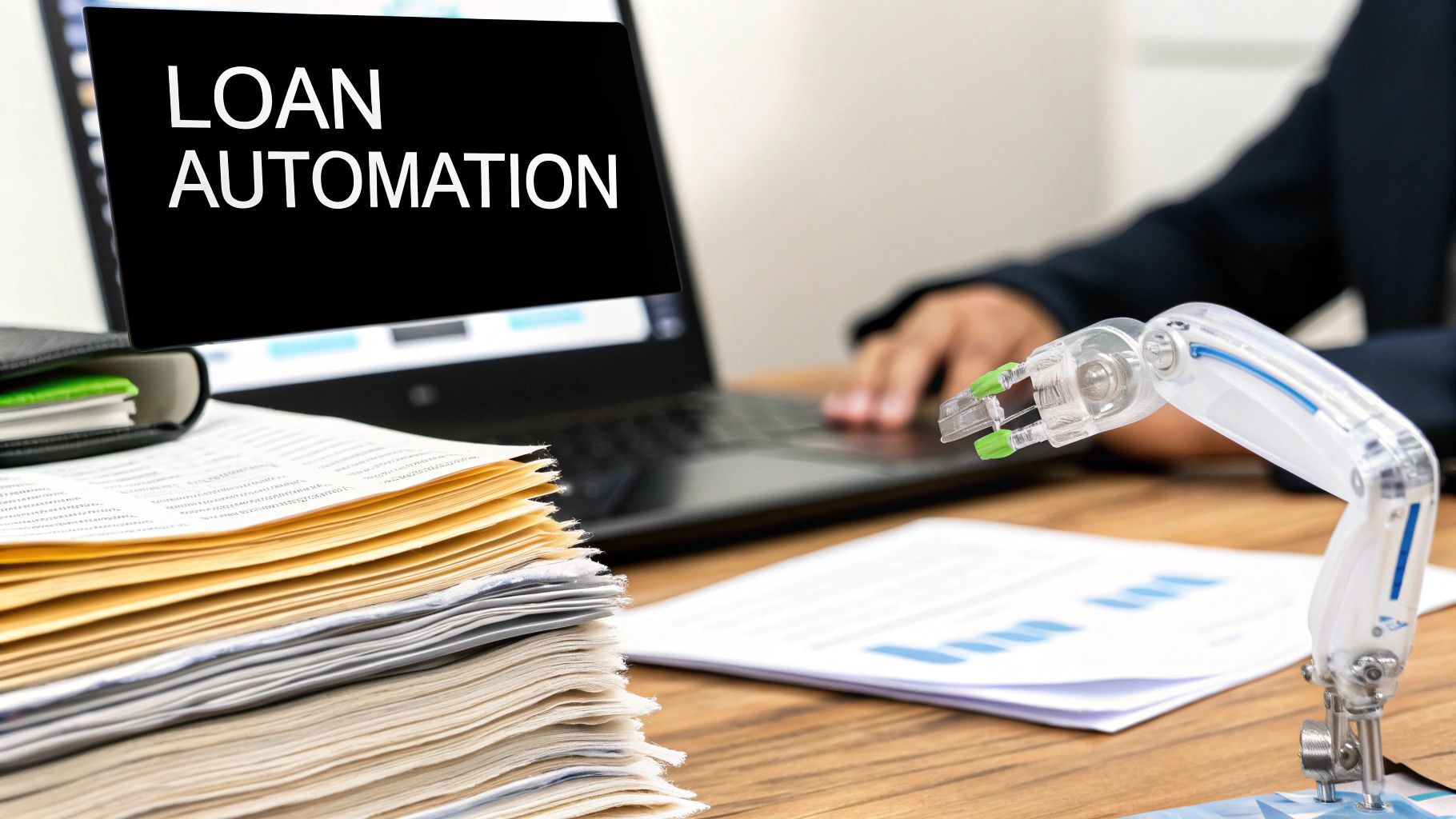 An illustration of a digital loan application form being automatically processed with gears and icons representing credit checks and approvals.