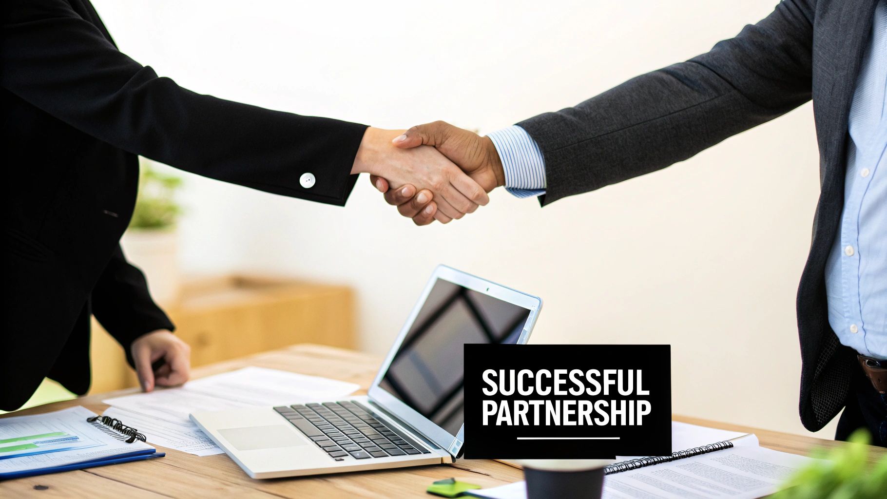 Two professionals shaking hands across a desk, with digital overlays of project timelines and data points, symbolizing a successful partnership agreement.