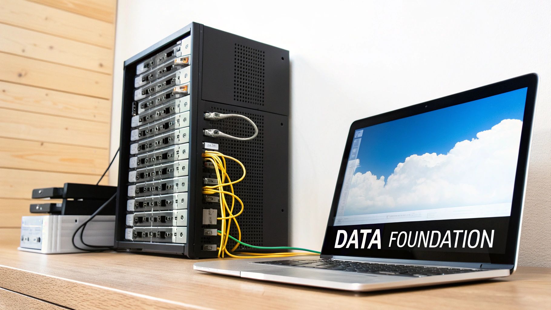 A server rack with multiple drives and cables connected to a laptop displaying 'DATA FOUNDATION' on screen.
