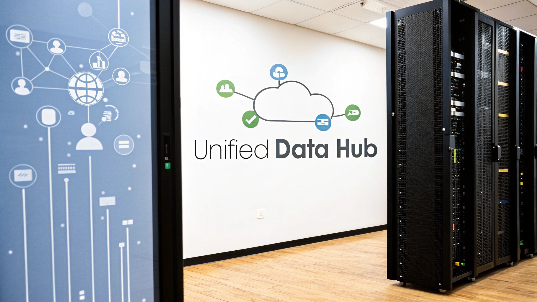 A server room with black server racks, a digital network display, and a 'Unified Data Hub' logo.