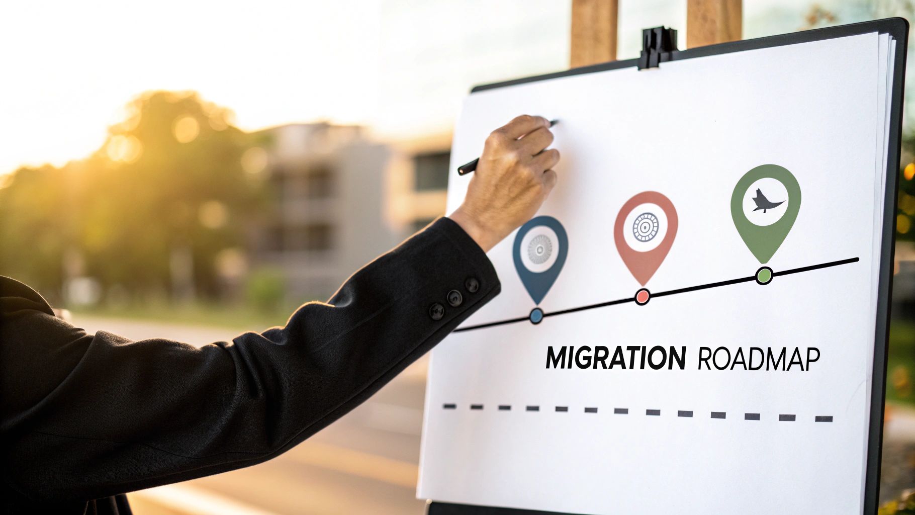 A hand writes on a whiteboard showing a 'MIGRATION ROADMAP' with three colored pins symbolizing progress and transition.