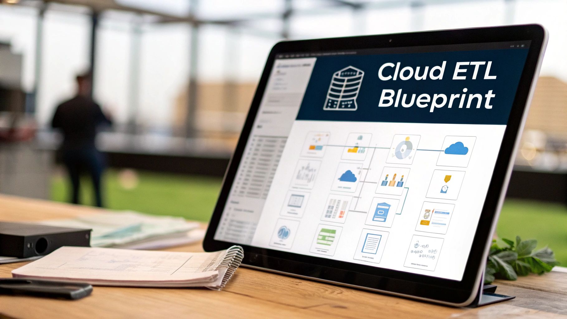 A laptop on a wooden desk displaying a "Cloud ETL Blueprint" diagram in a modern office environment.