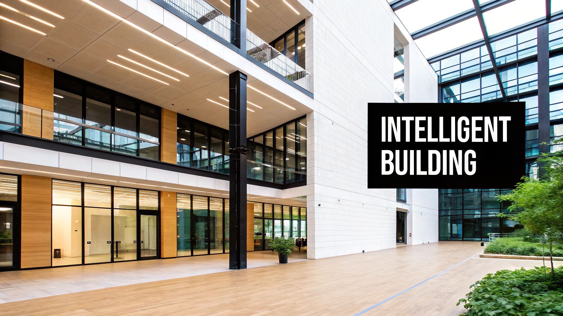 Modern multi-story building interior with glass walls, wooden accents, and 'INTELLIGENT BUILDING' text.