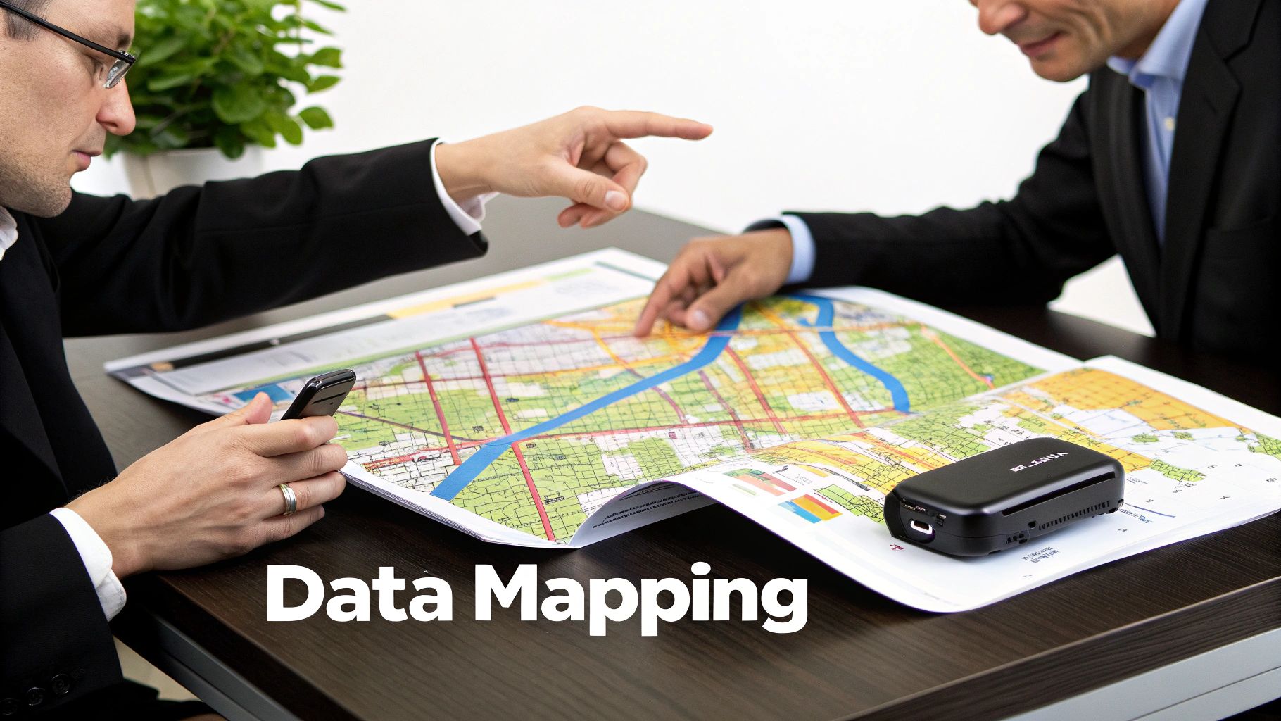 Two businessmen analyze a large map, discussing data mapping strategies with a smartphone and device.
