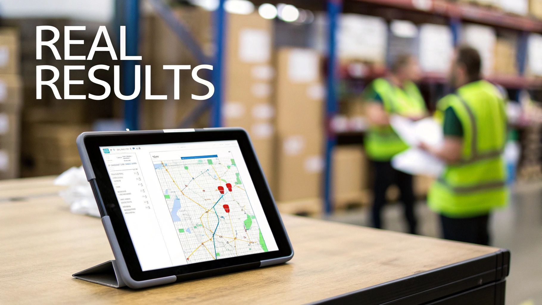 A logistics manager reviewing data on a large screen showing a map with delivery routes and icons, representing the core features of custom logistics software.
