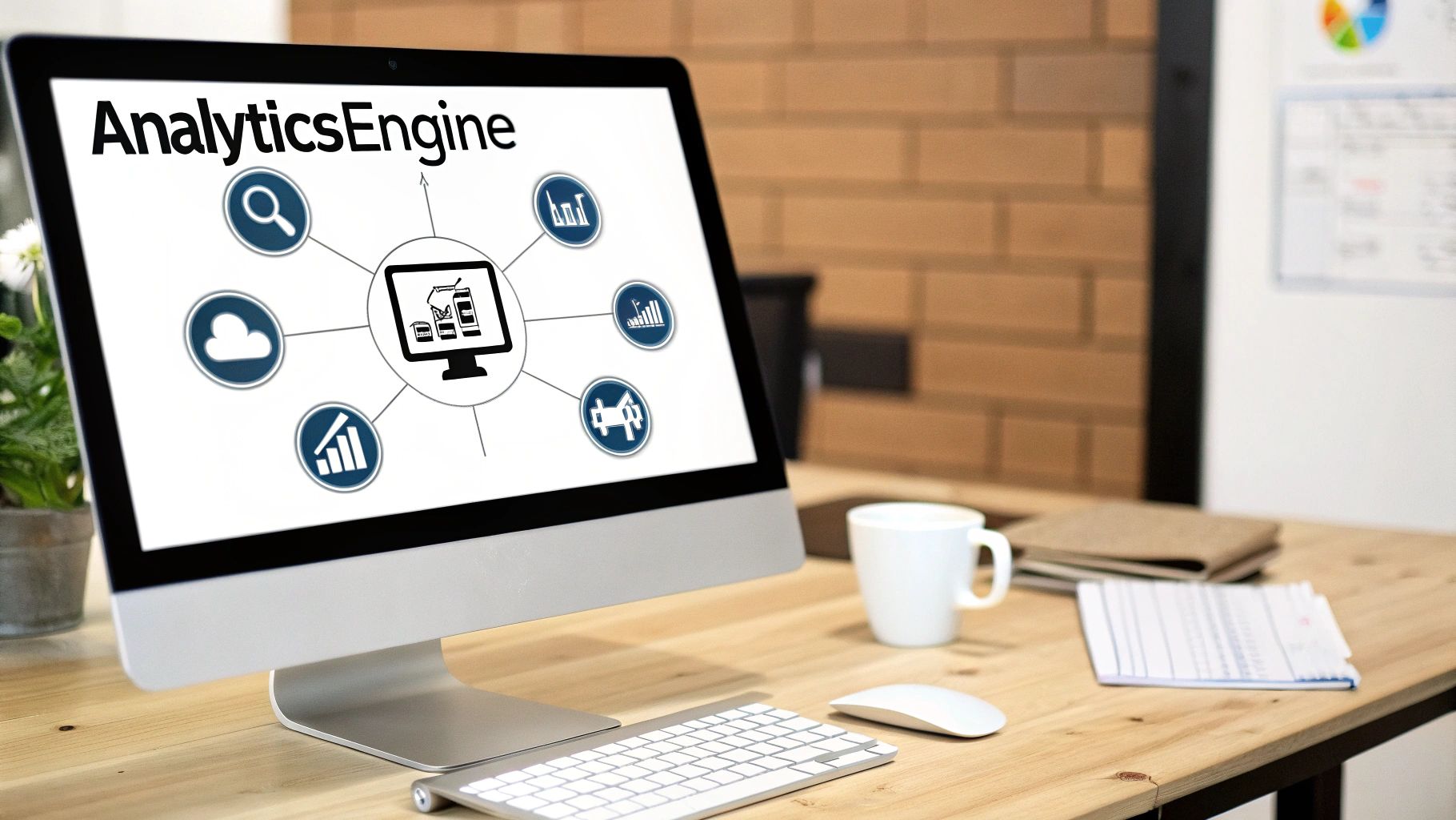 A desktop computer displays an 'AnalyticsEngine' diagram with various data analysis icons on a wooden desk.