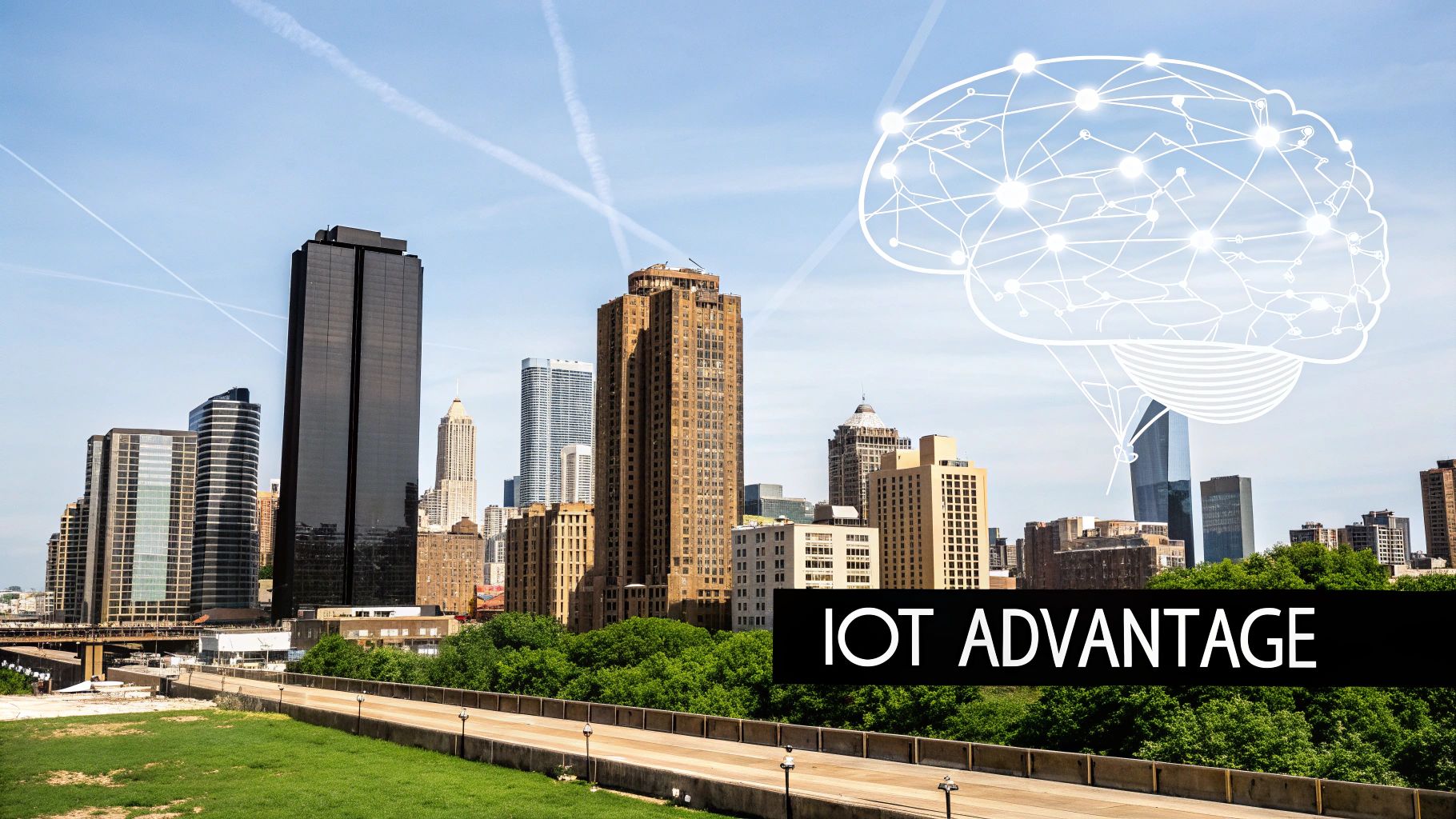 City skyline under a blue sky, featuring a digital brain network and 'IOT ADVANTAGE' text.