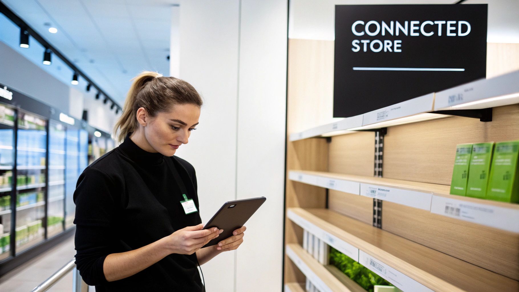 A woman in a black top uses a tablet in a modern 'Connected Store' retail environment.