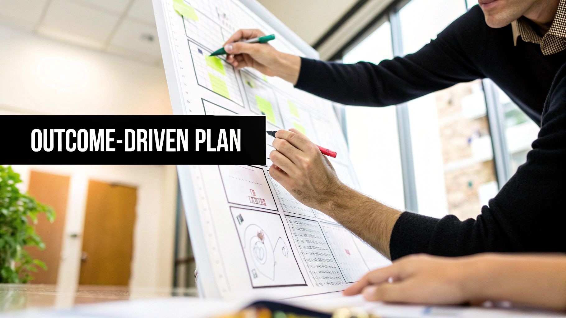 A team collaborating around a table, mapping out a project on a blueprint