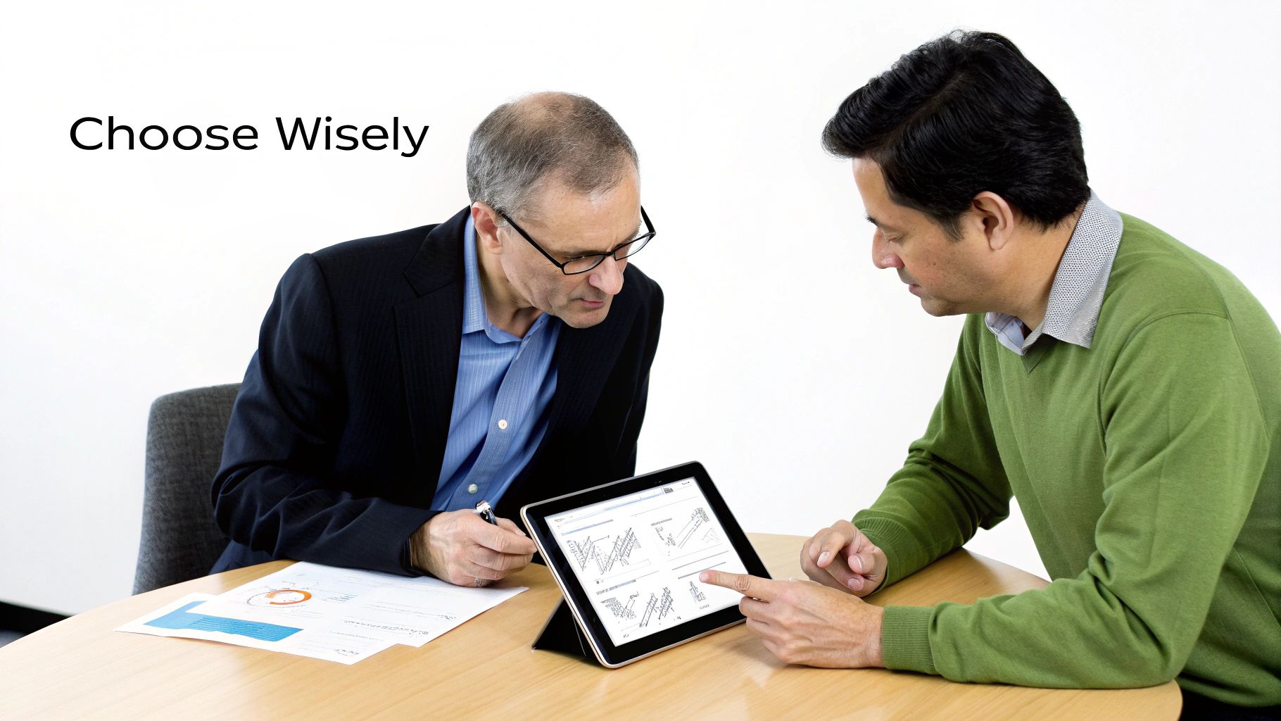 Two professional men analyzing graphs on a tablet during a serious business meeting.