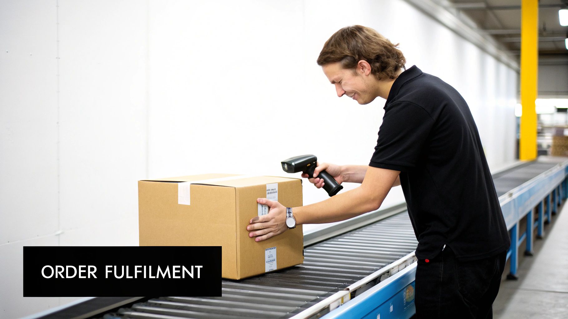 A smiling worker scans a cardboard box on a conveyor belt in a warehouse, performing order fulfillment.