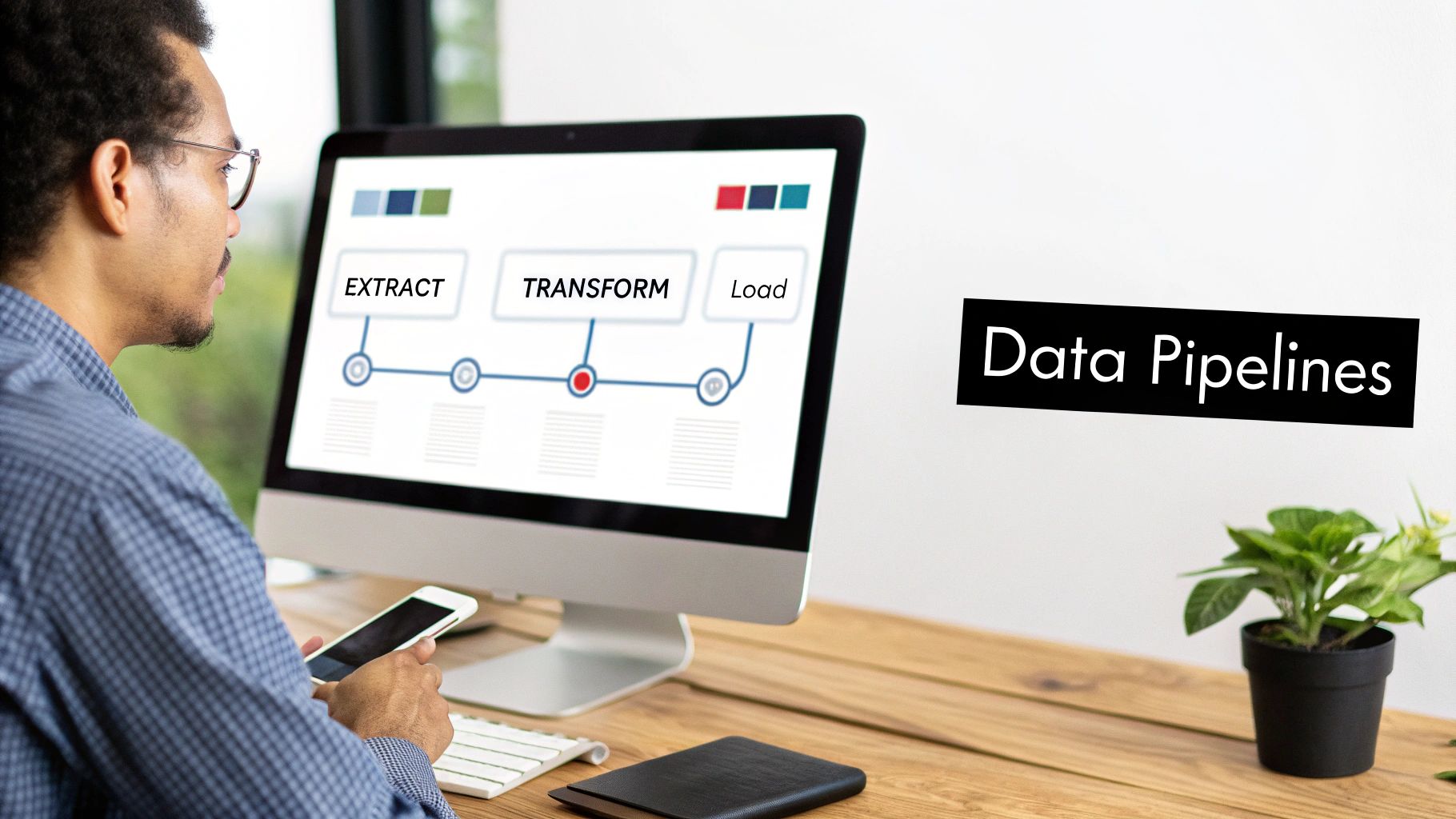 A man views a computer screen showing an ETL diagram for data pipelines, with a 'Data Pipelines' sign.