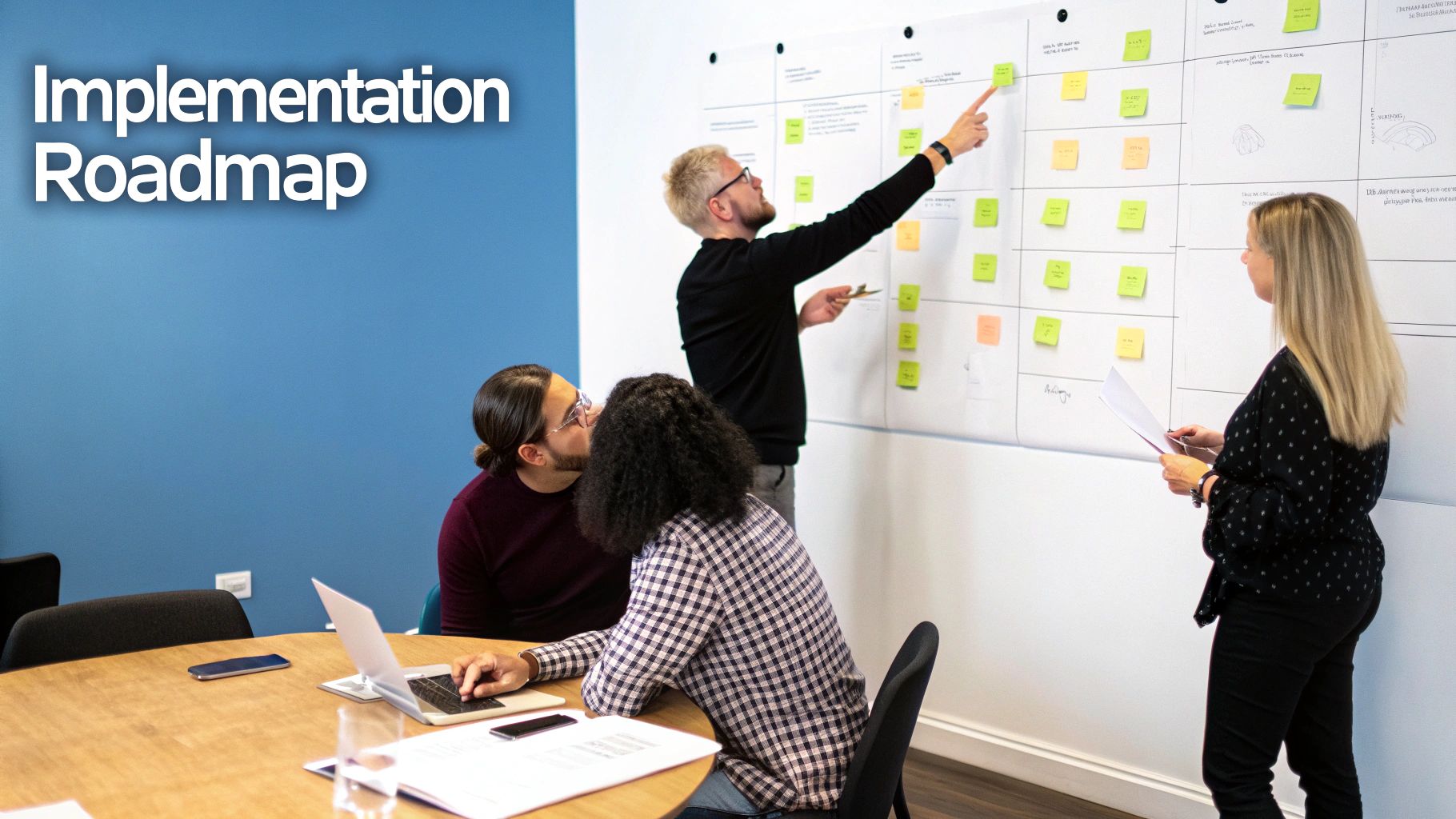 Team collaborating on an implementation roadmap, pointing at a whiteboard with sticky notes in a modern office.
