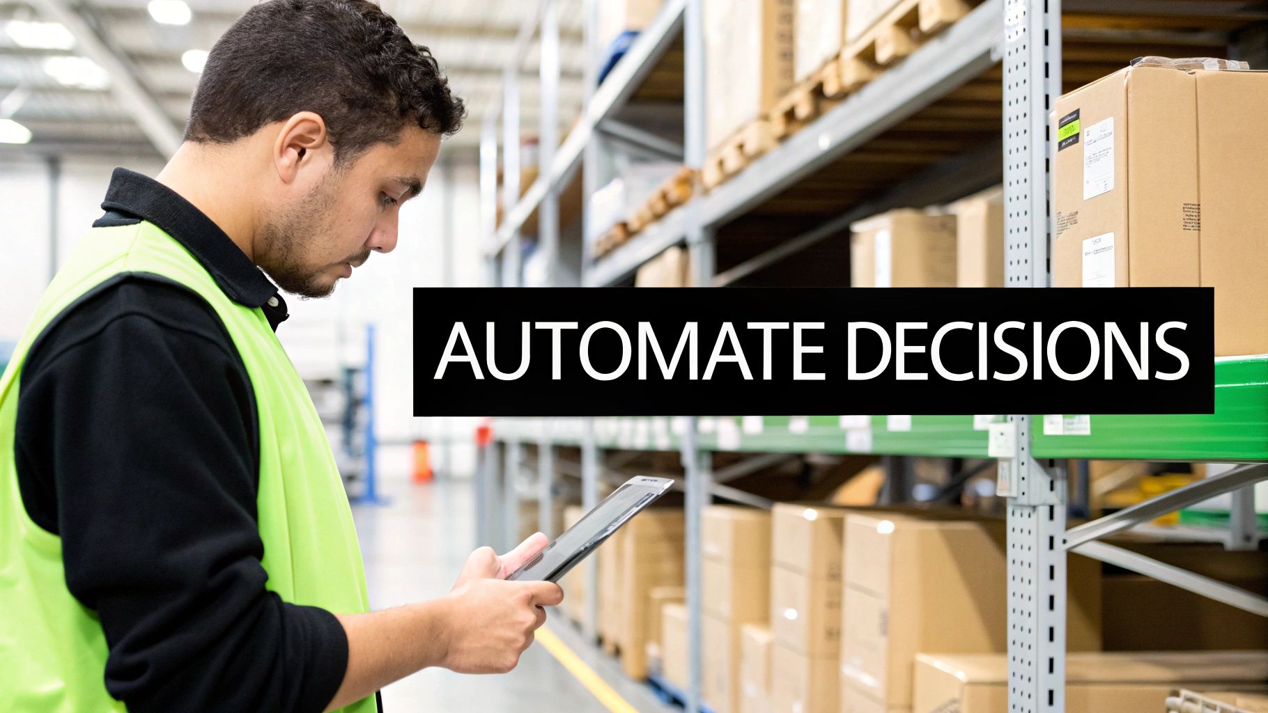 Warehouse worker in a high-vis vest uses a tablet near shelves of boxes, with 'AUTOMATE DECISIONS' text.