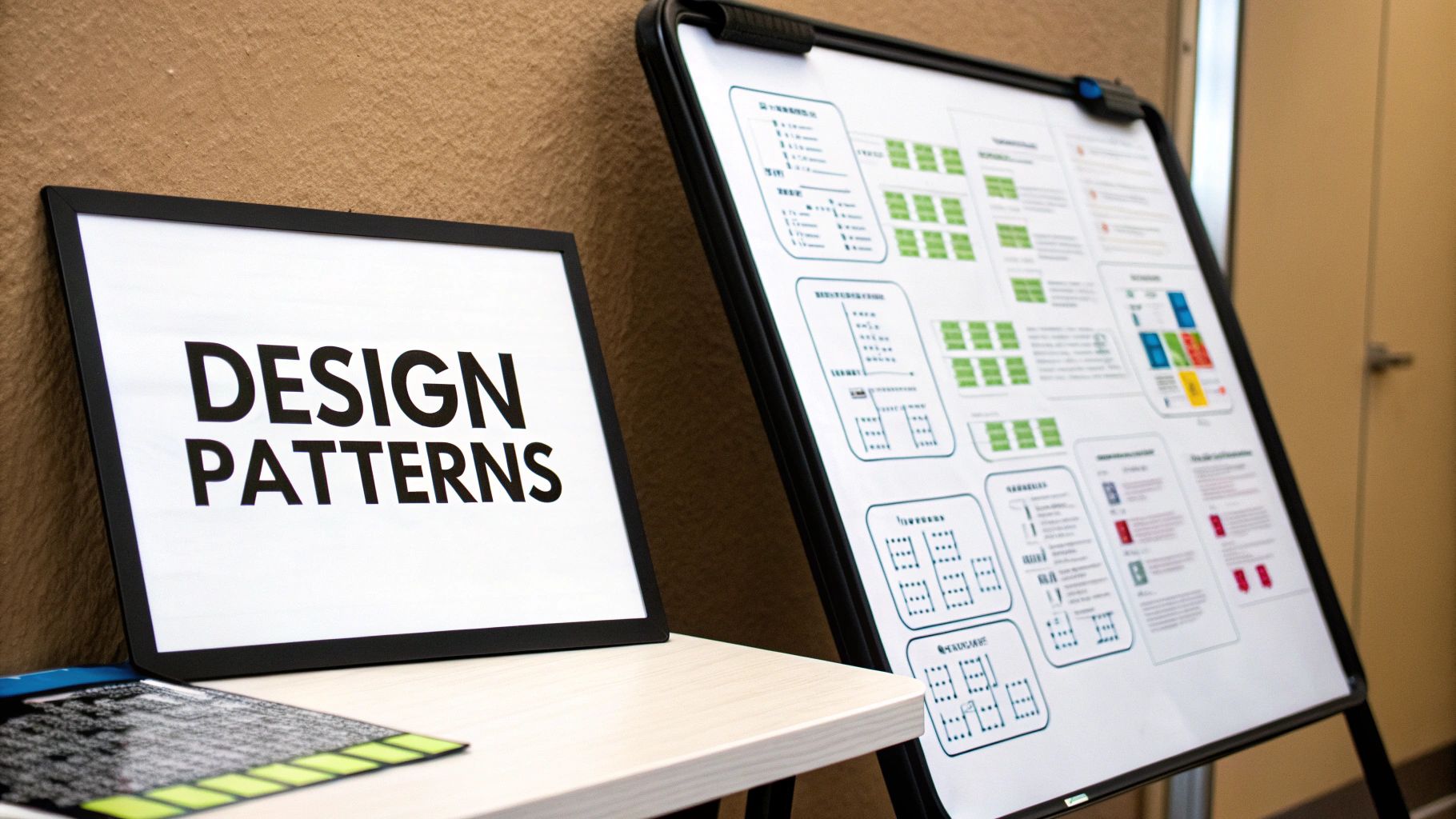 A 'DESIGN PATTERNS' sign sits next to a whiteboard displaying a complex architectural diagram.