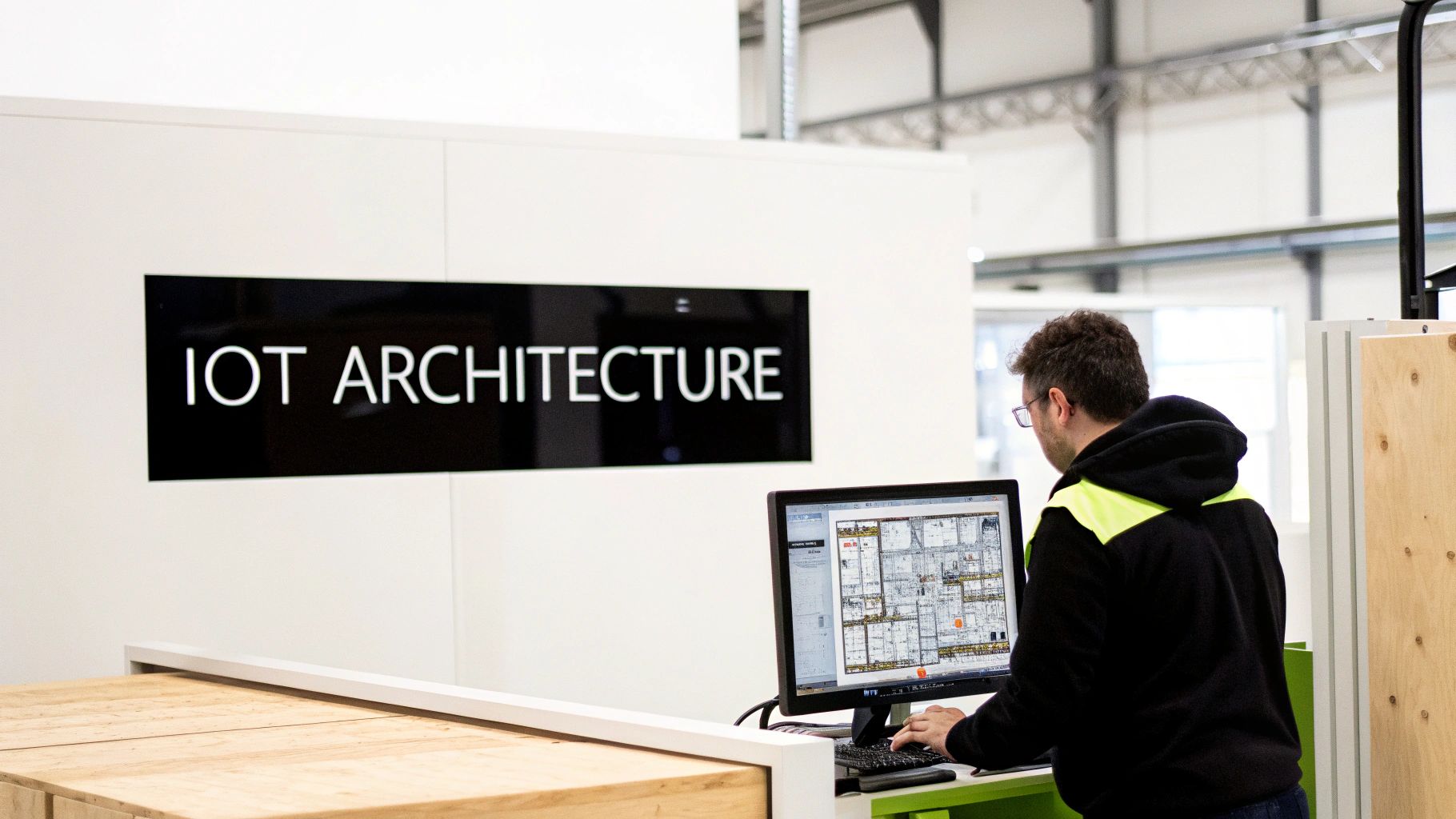 Man in a hoodie works on a computer displaying architectural plans, with an 'IOT ARCHITECTURE' sign on the wall.