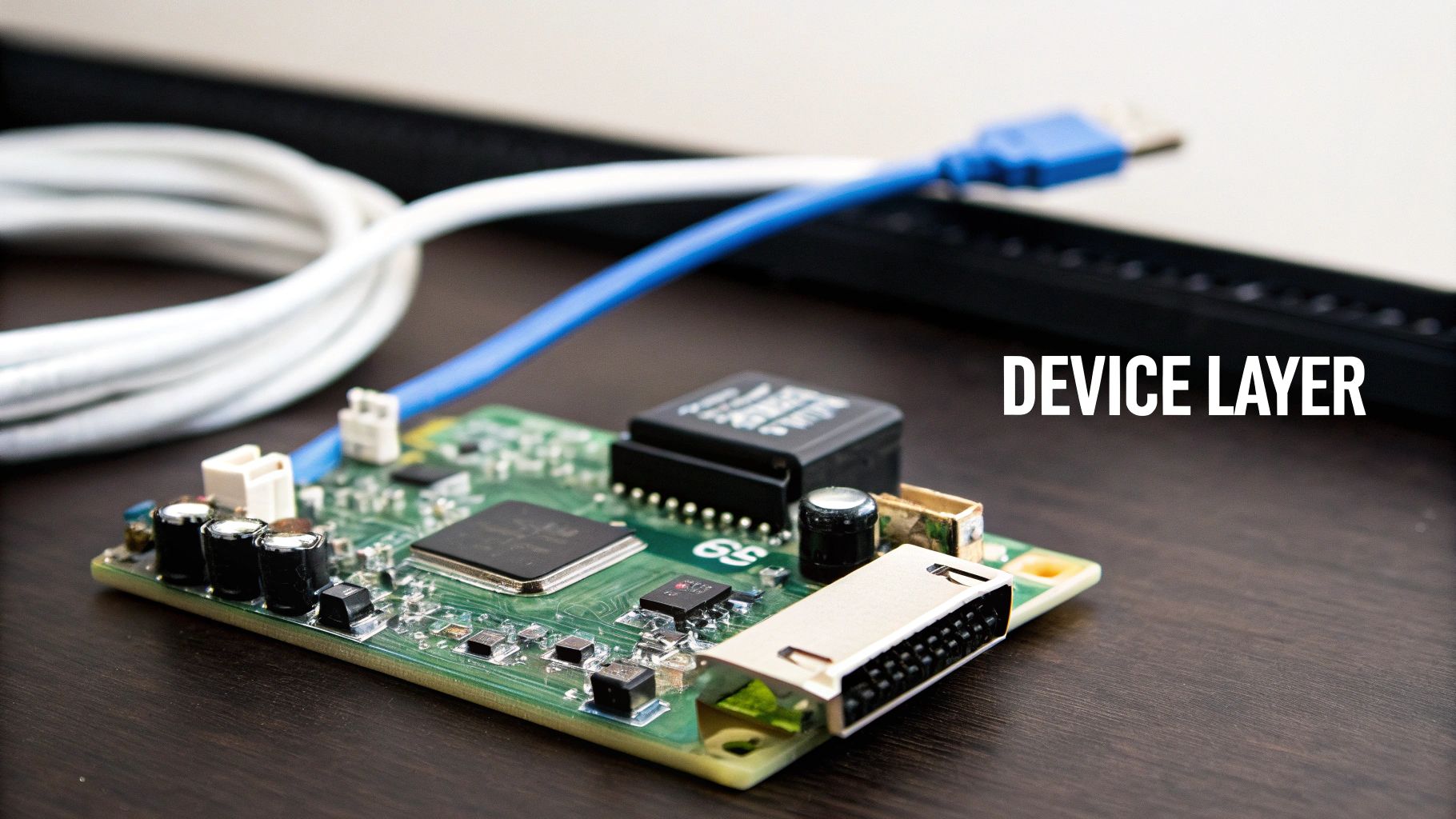 A green circuit board with various electronic components, cables, and 'DEVICE LAYER' text on a wooden surface.