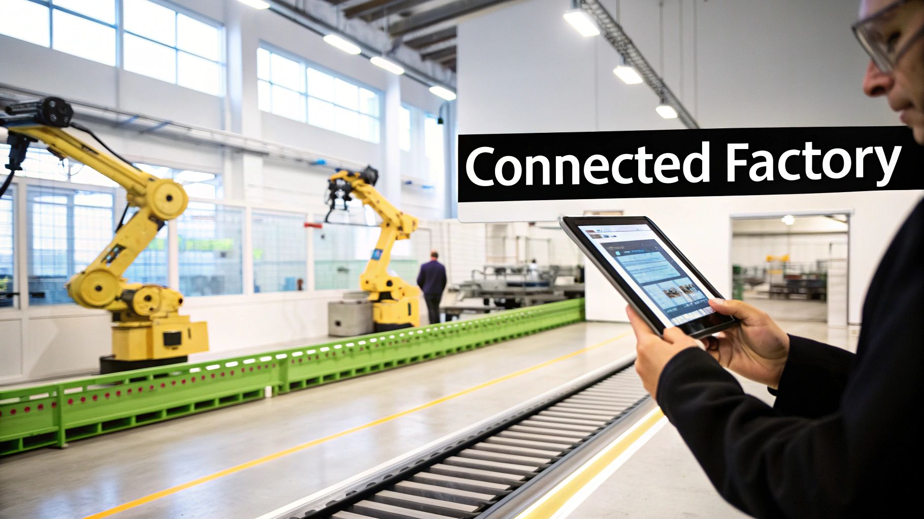 A person holds a tablet in a modern connected factory with yellow robotic arms and a conveyor belt.